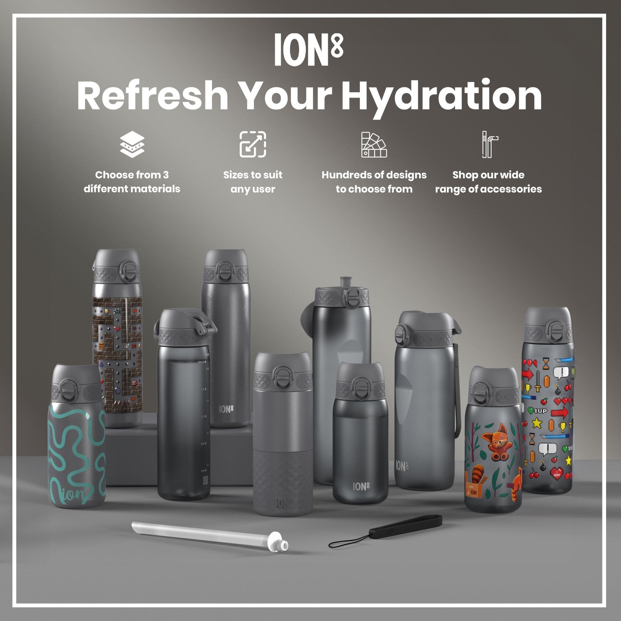 Grey 1L Recyclon water bottle by ION8 with leak-proof design, showcasing the durable, eco-friendly water container.