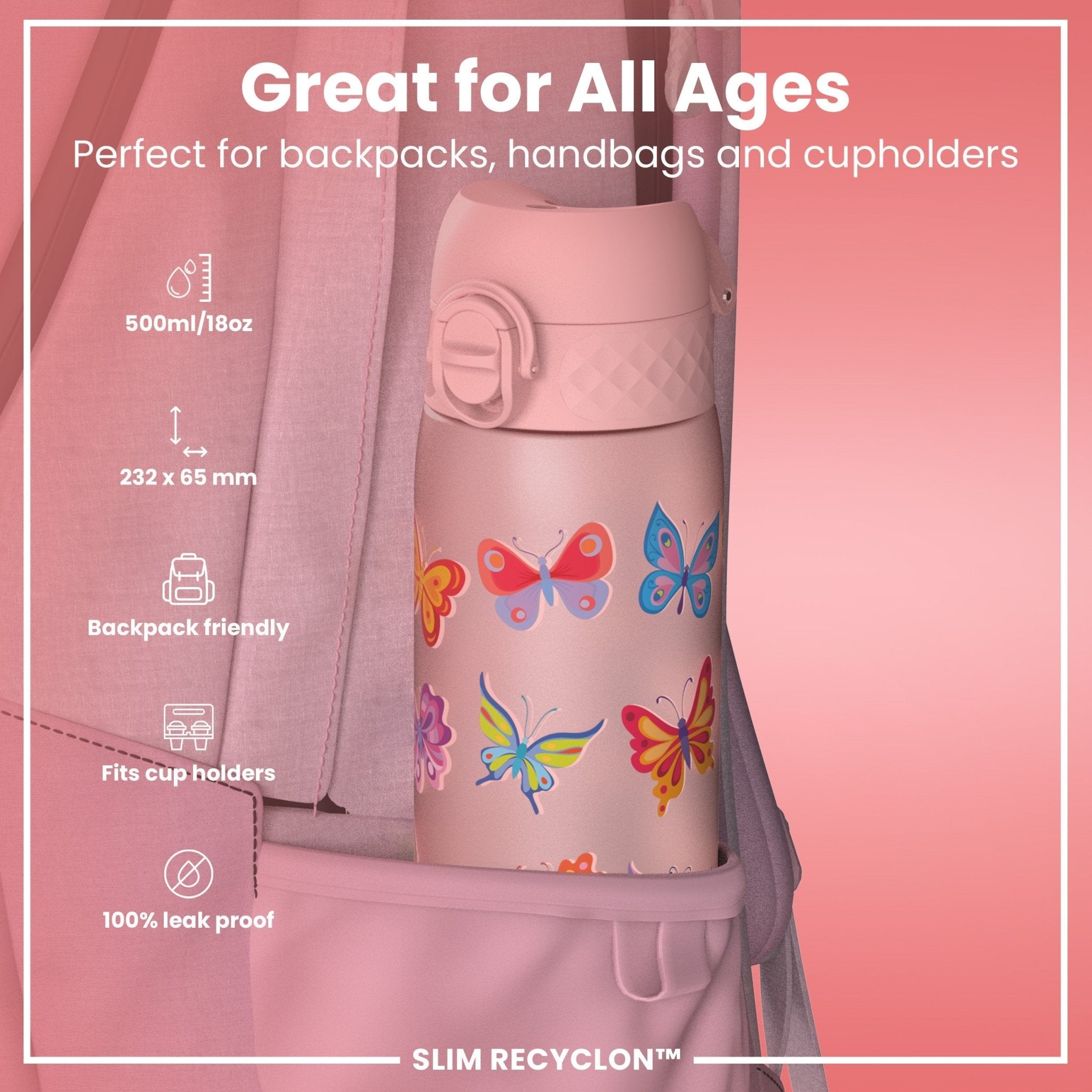 Ion8 Leak Proof Slim Water Bottle with Butterfly design, 500ml Recyclon water bottle in a sleek, recyclable style.