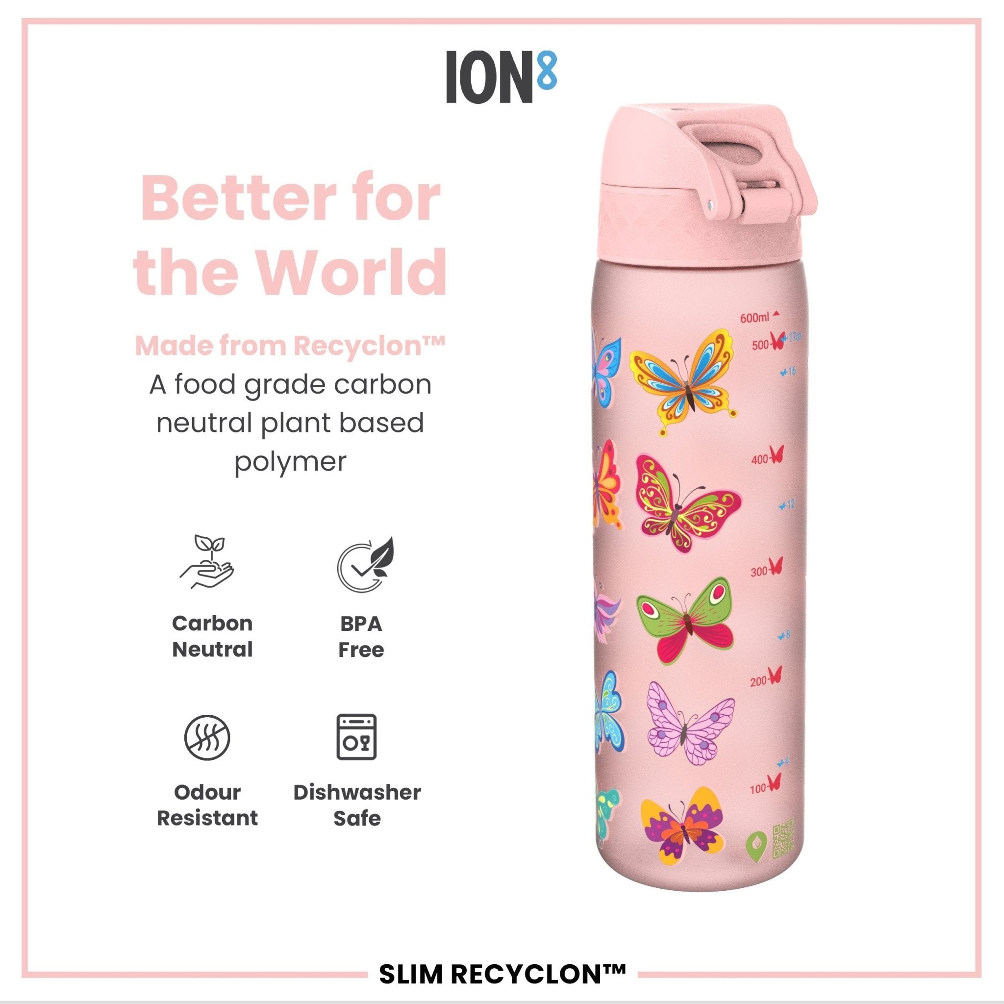 Ion8 Leak Proof Slim Water Bottle with butterfly design, 500ml Recyclon water bottle, durable and eco-friendly.