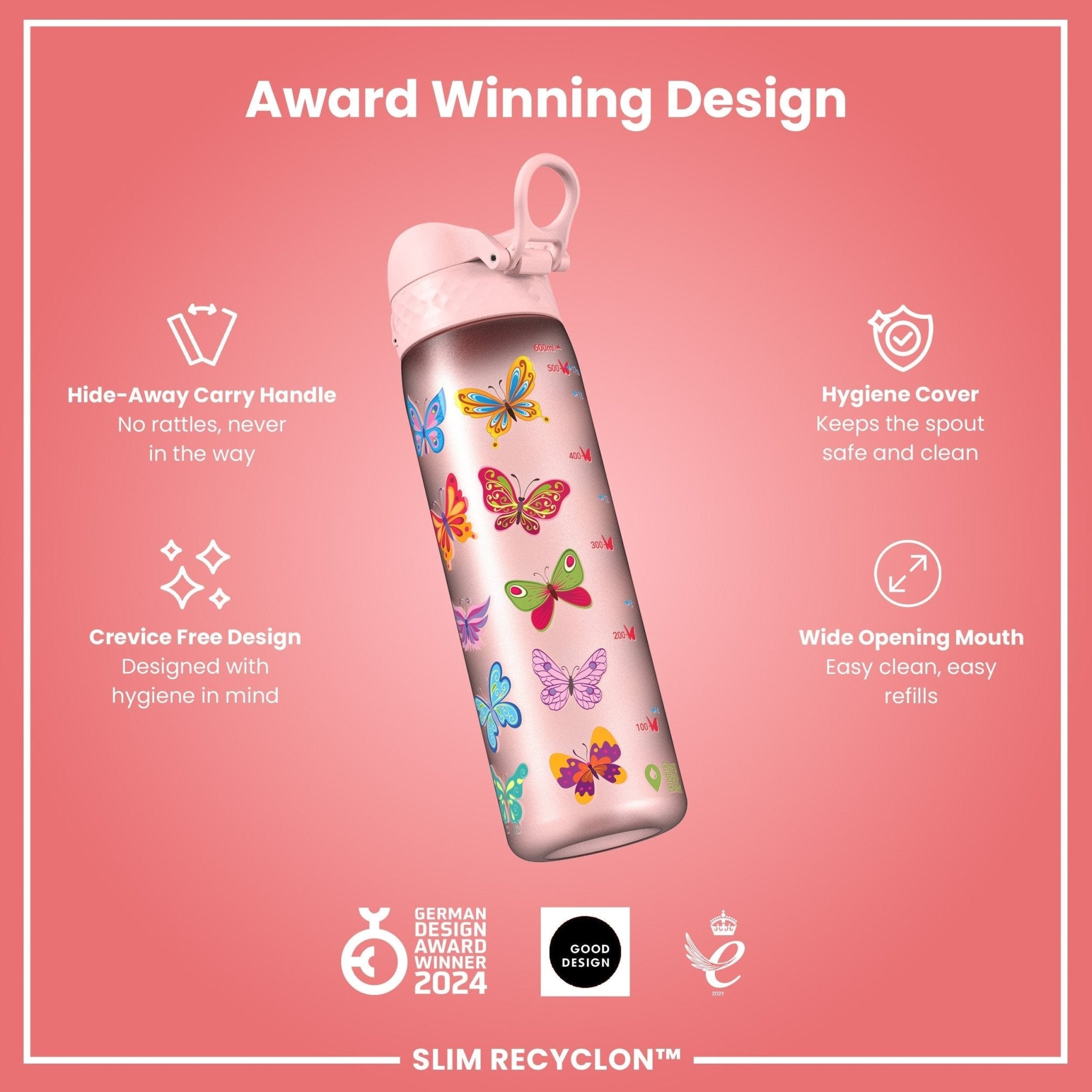 ION8 Recyclon leak-proof slim water bottle with butterfly design, 500ml (18oz), made from recyclable materials.