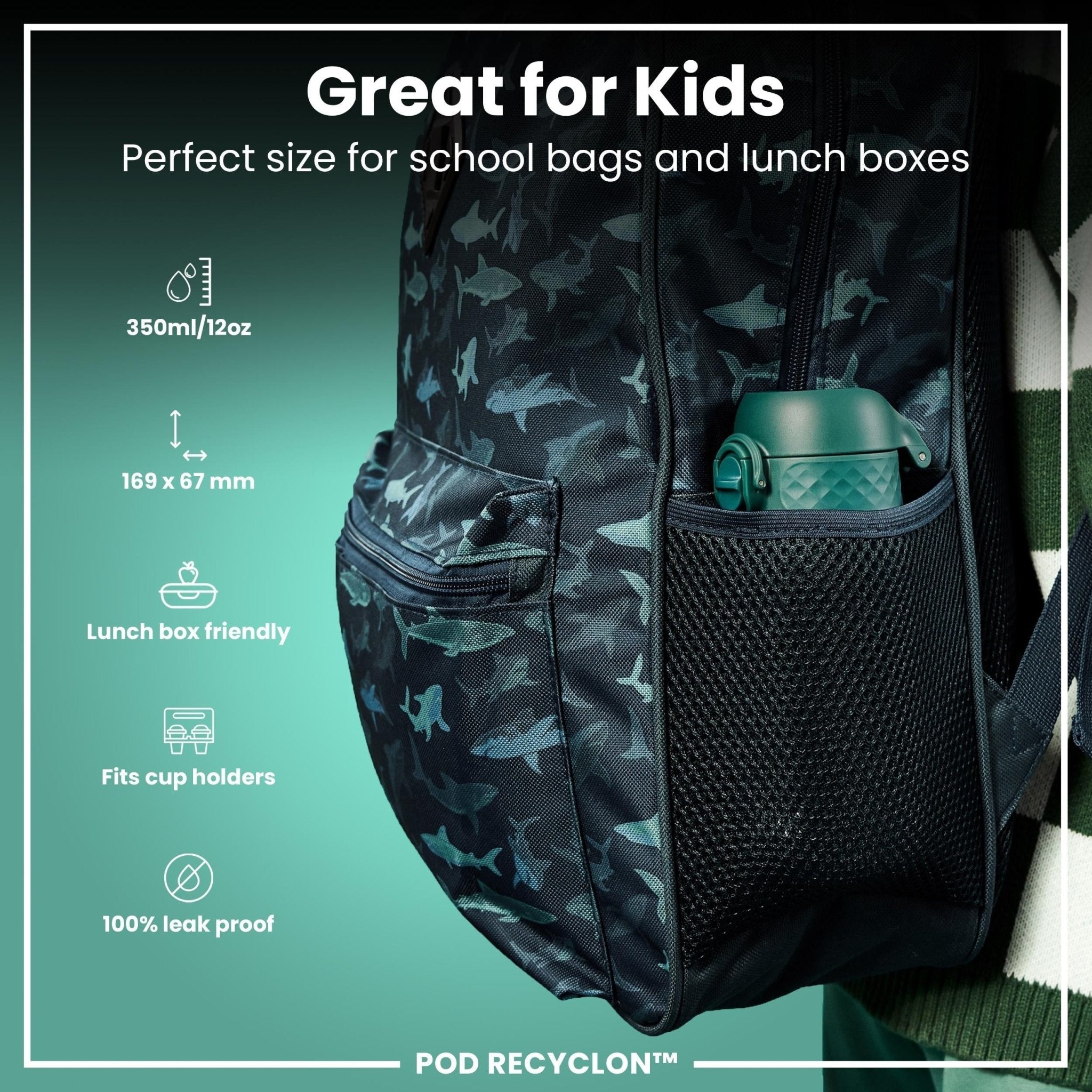 ION8 Recyclon leak-proof kids water bottle in aqua, 350ml (12oz), featuring a secure lid and durable design for children.