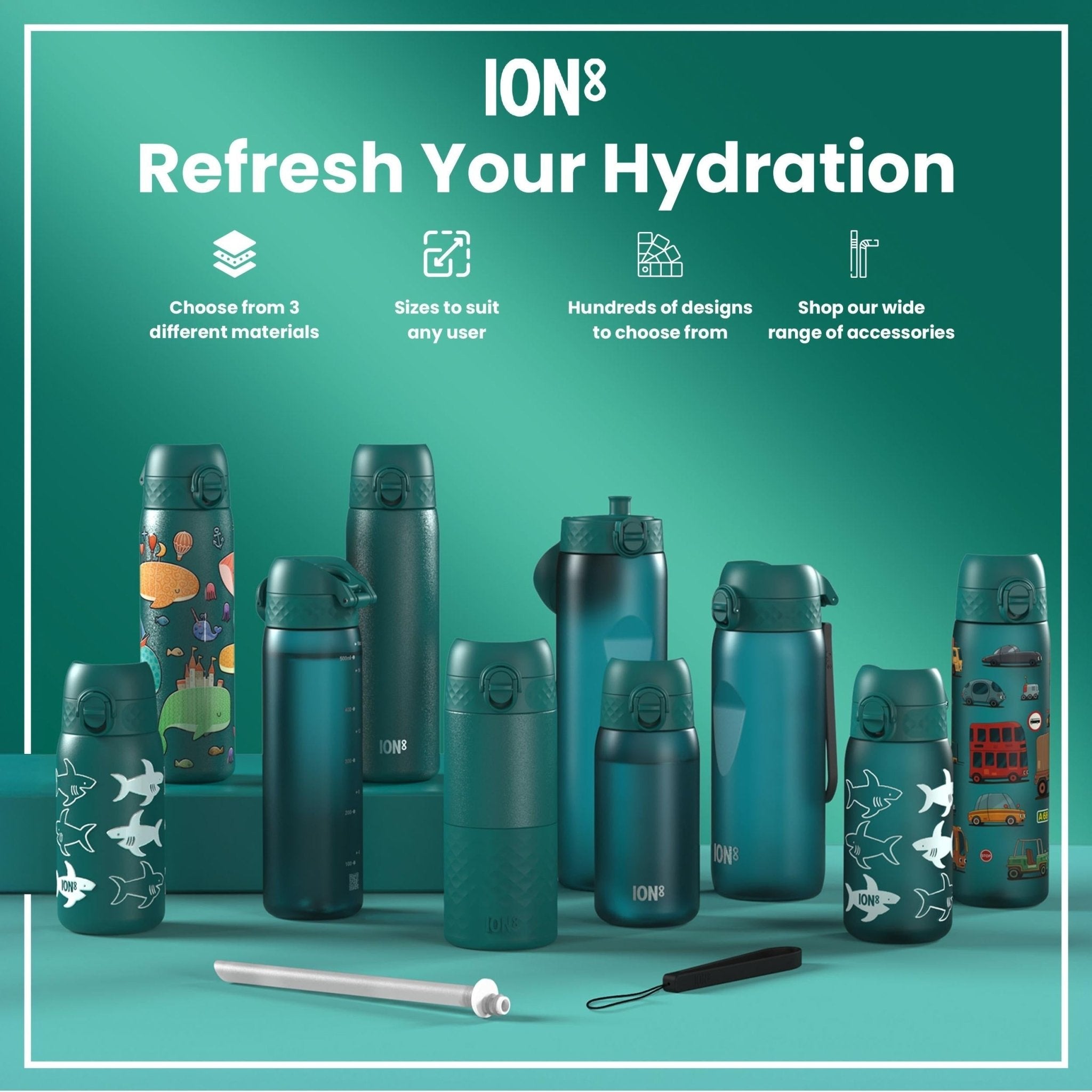 ION8 Recyclon leak-proof kids water bottle in aqua, 350ml, with a secure lid and colorful design suitable for children.