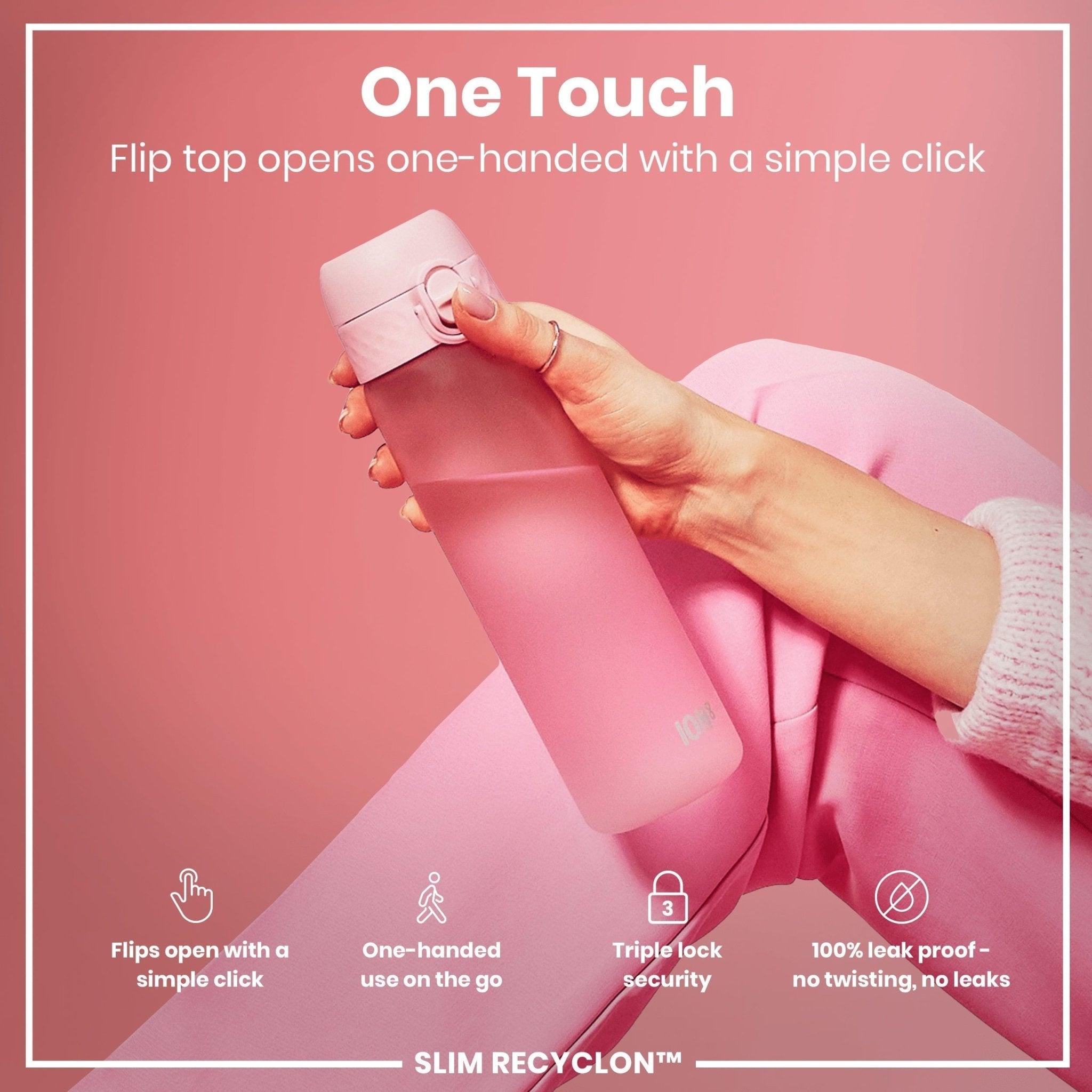 Recyclon Leak Proof Slim Water Bottle by ION8 in rose quartz color, 500ml (18oz), with a sleek design and secure lid.