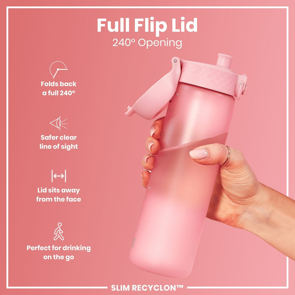 Ion8 leak-proof slim water bottle in rose quartz, 500ml, made by Recyclon, featuring a sleek design and secure lid.