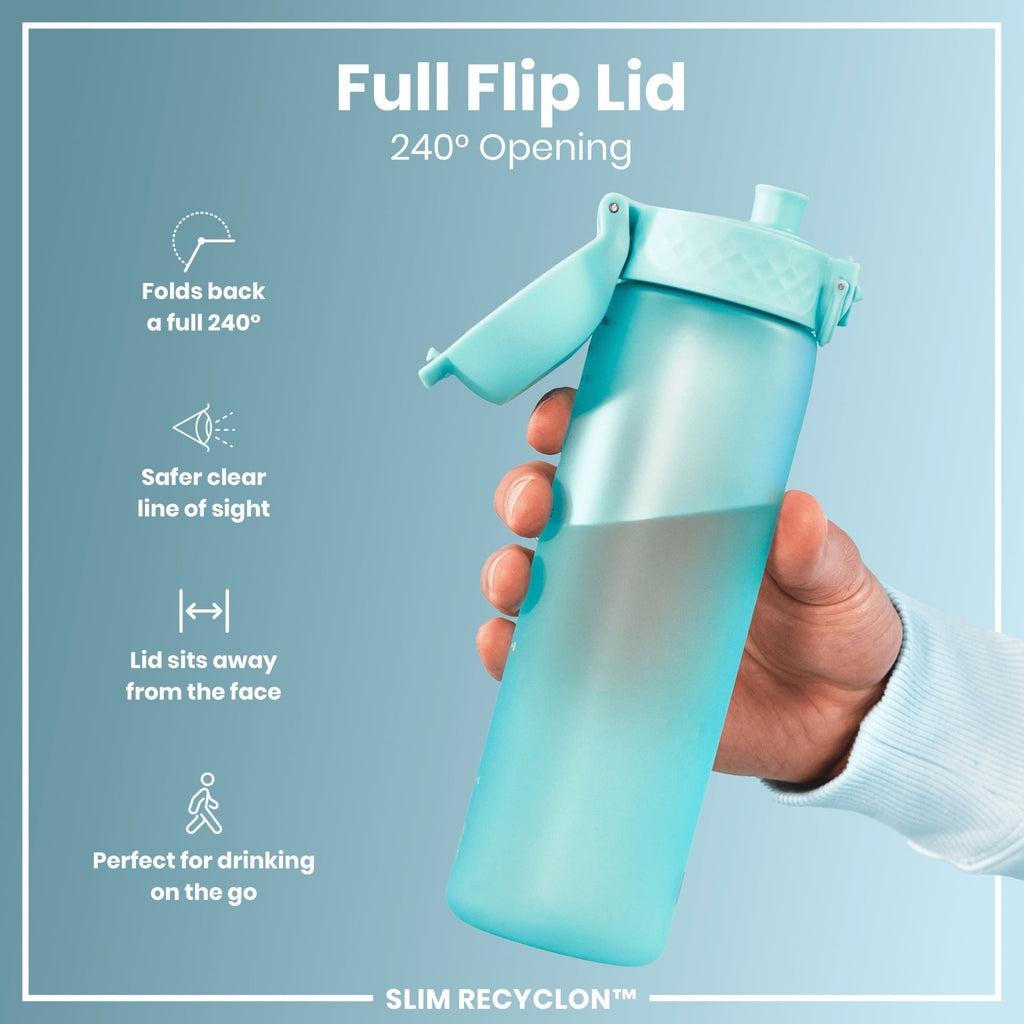 ION8 Recyclon Leak Proof Slim Water Bottle in Sonic Blue, 500ml (18oz), with secure lid and sleek design.