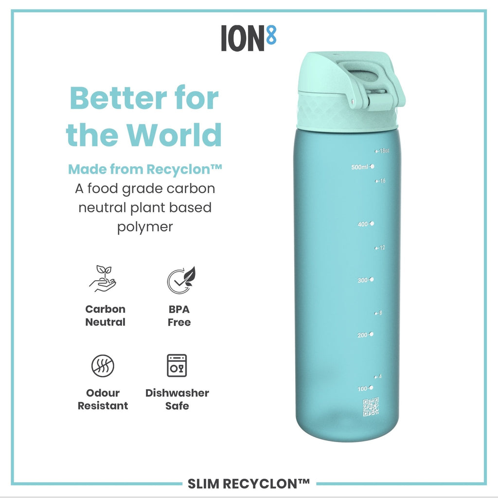 ION8 Recyclon Leak Proof Slim Water Bottle in Sonic Blue, 500ml (18oz), featuring a sleek design and secure leak-proof cap
