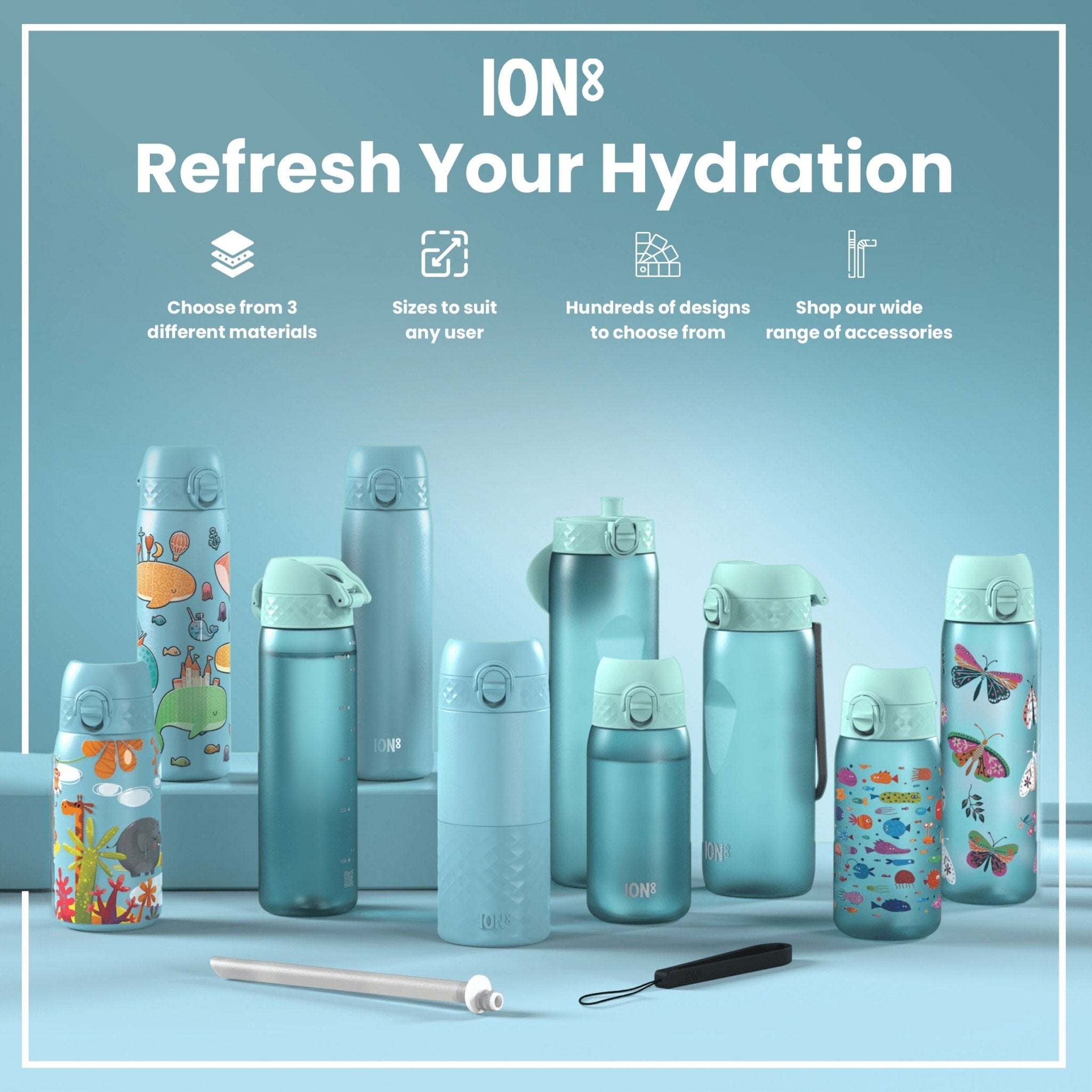 Ion8 Leak Proof Slim Water Bottle in Sonic Blue, 500ml, made of recyclable materials, with a sleek design and secure lid.