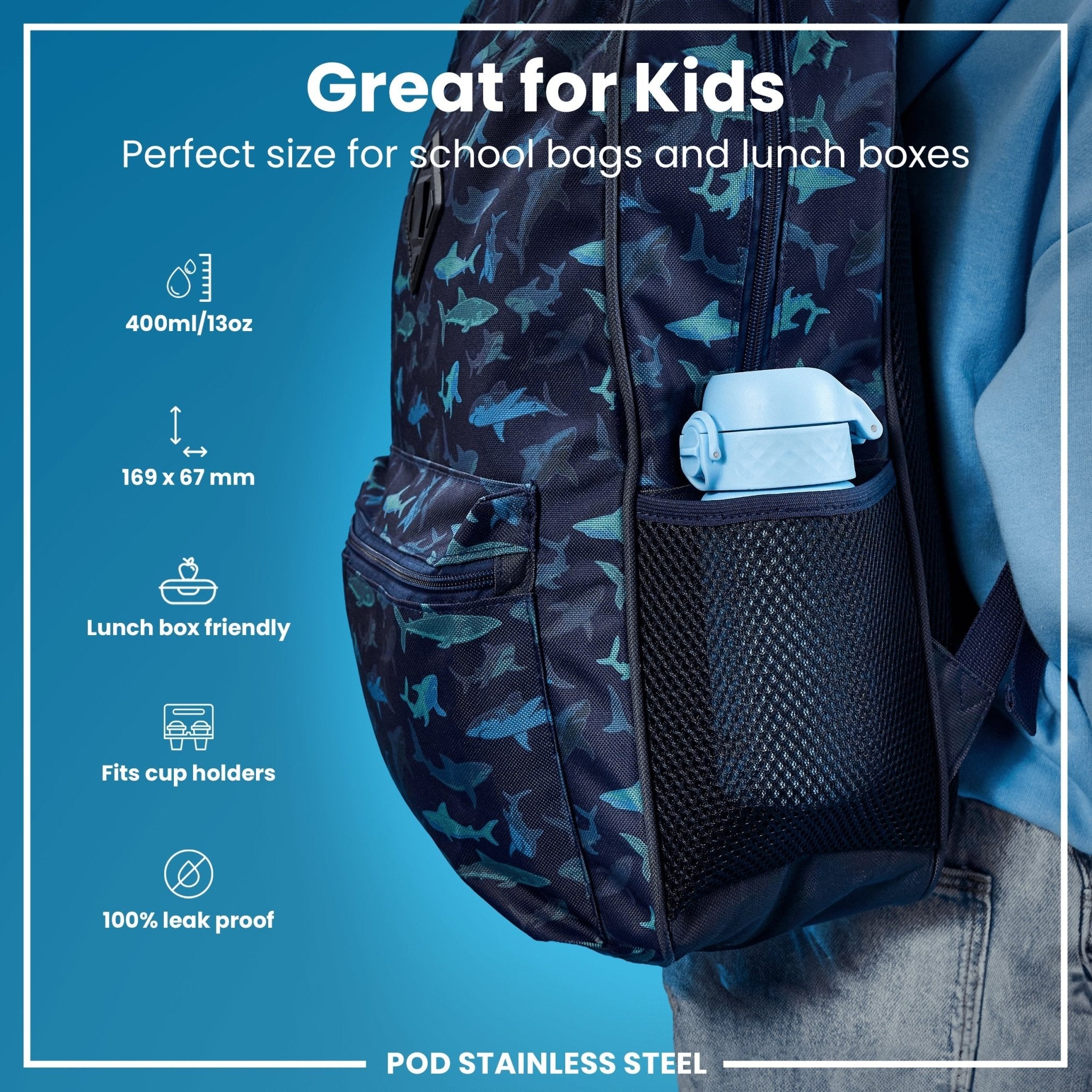 Ion8 stainless steel kids water bottle in Alaskan Blue, 400ml, leak-proof design with a secure lid and vibrant blue finish.