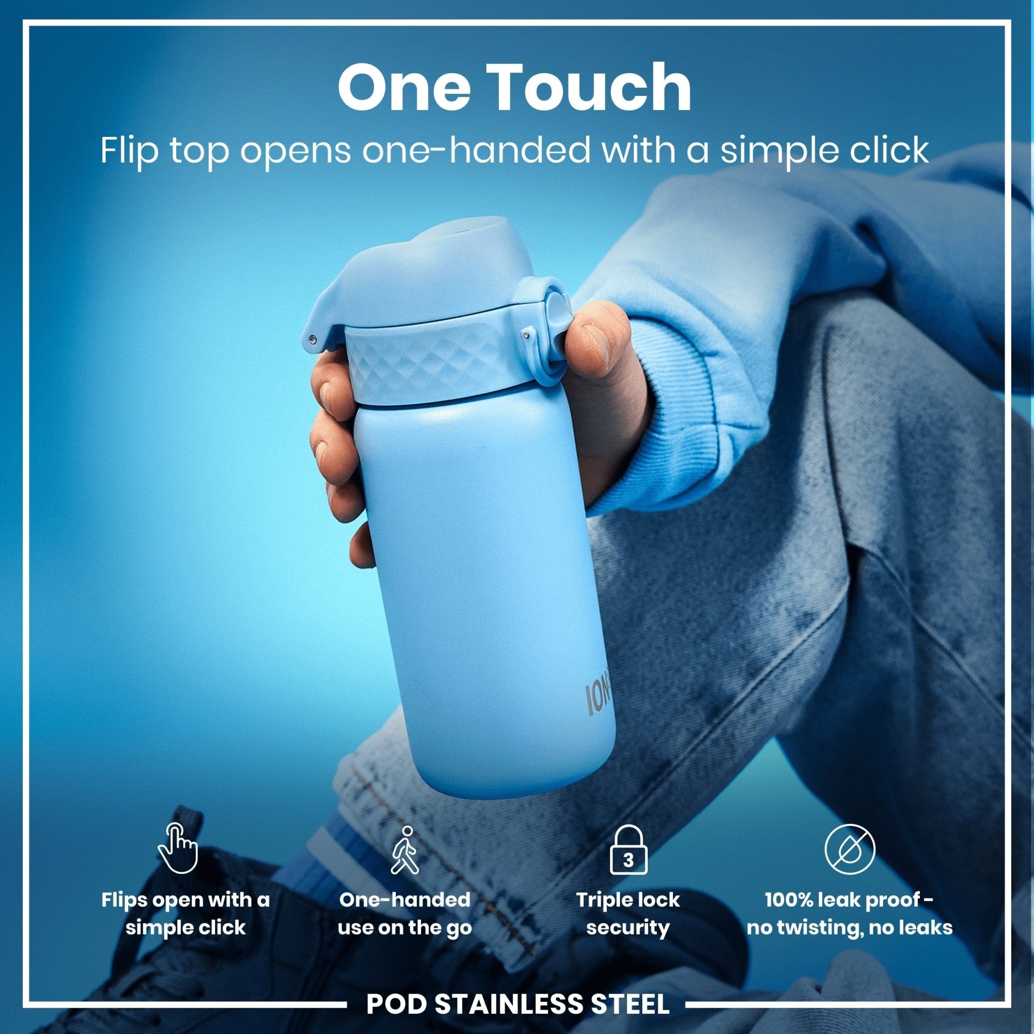 Ion8 leak-proof kids water bottle in stainless steel with Alaskan Blue color, 400ml capacity, designed for durability and hydration.