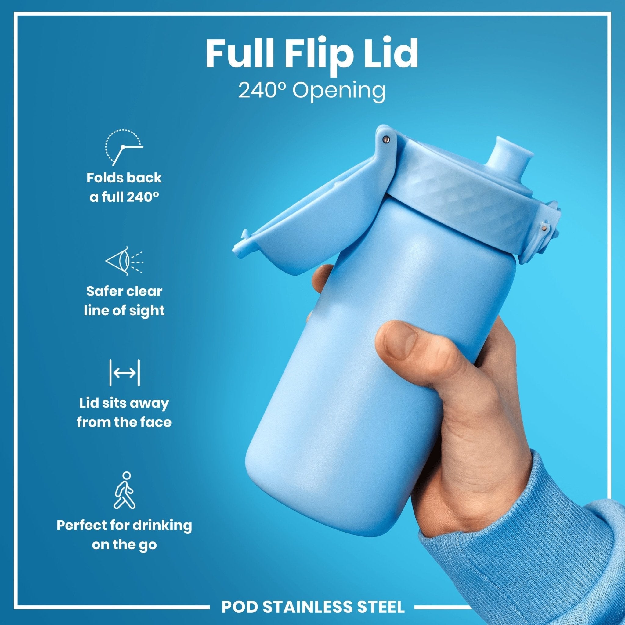 Ion8 leak-proof kids stainless steel water bottle in Alaskan Blue, 400ml, designed for children’s hydration.