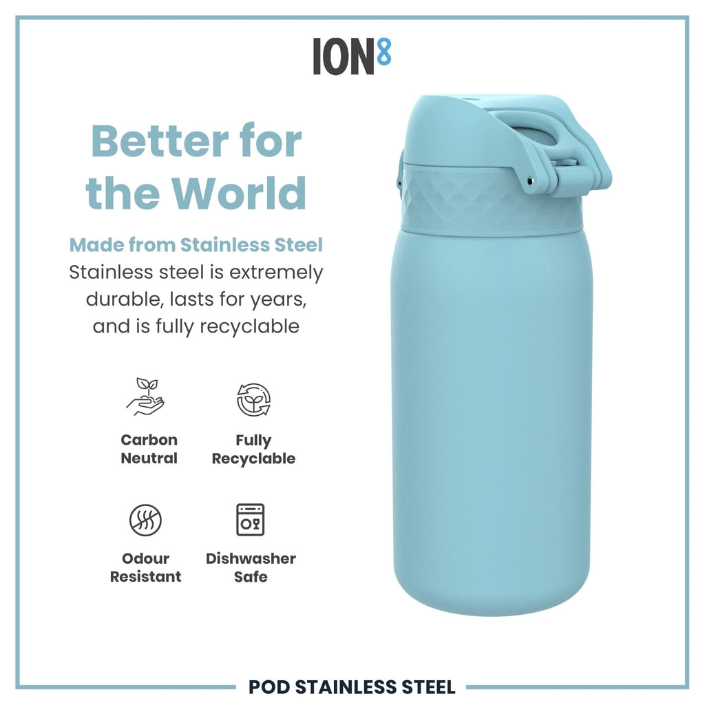 ION8 stainless steel kids water bottle in Alaskan Blue, leak-proof 400ml (13oz) water bottle with secure lid and durable design.