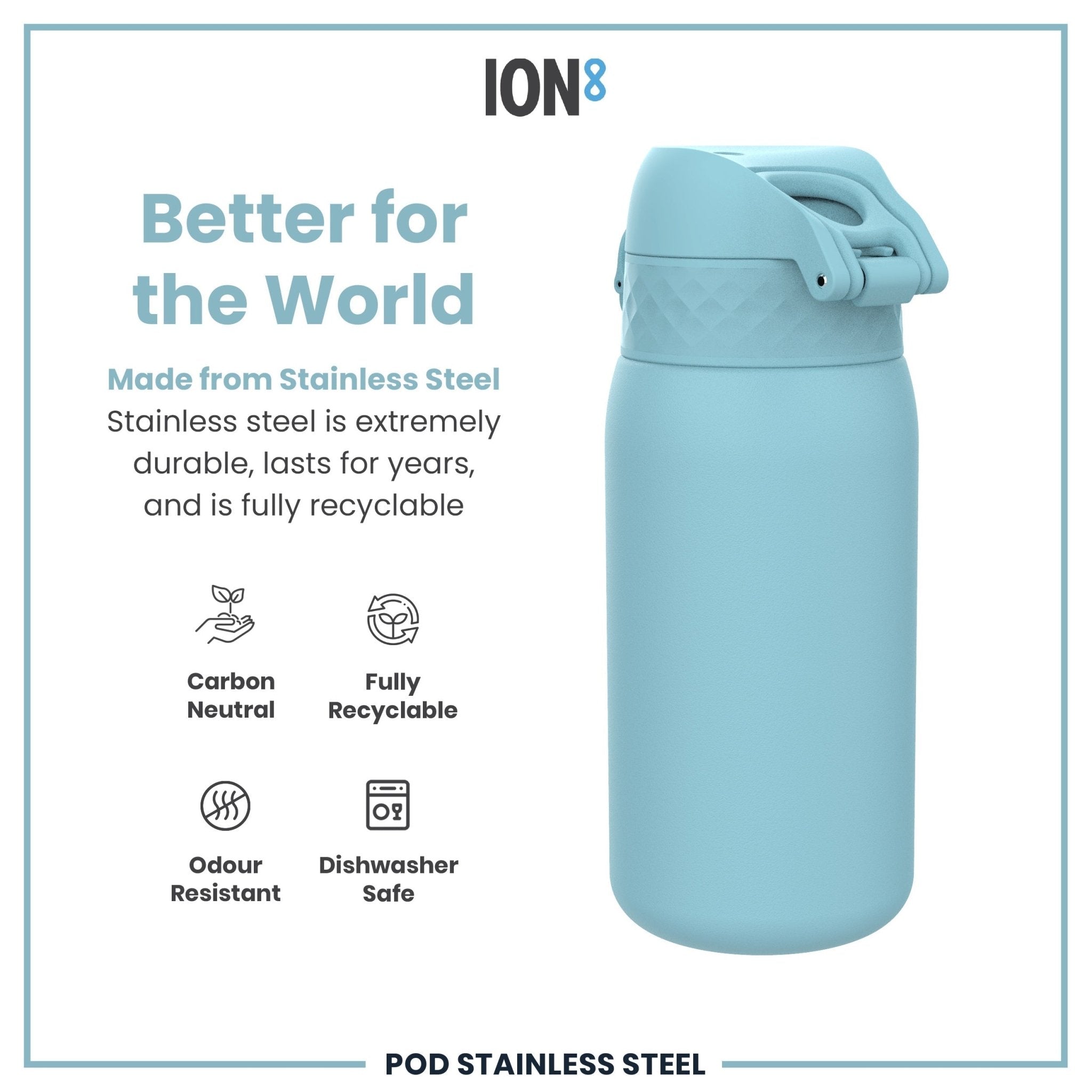 ION8 stainless steel kids water bottle in Alaskan Blue, leak-proof 400ml (13oz) water bottle with secure lid and durable design.