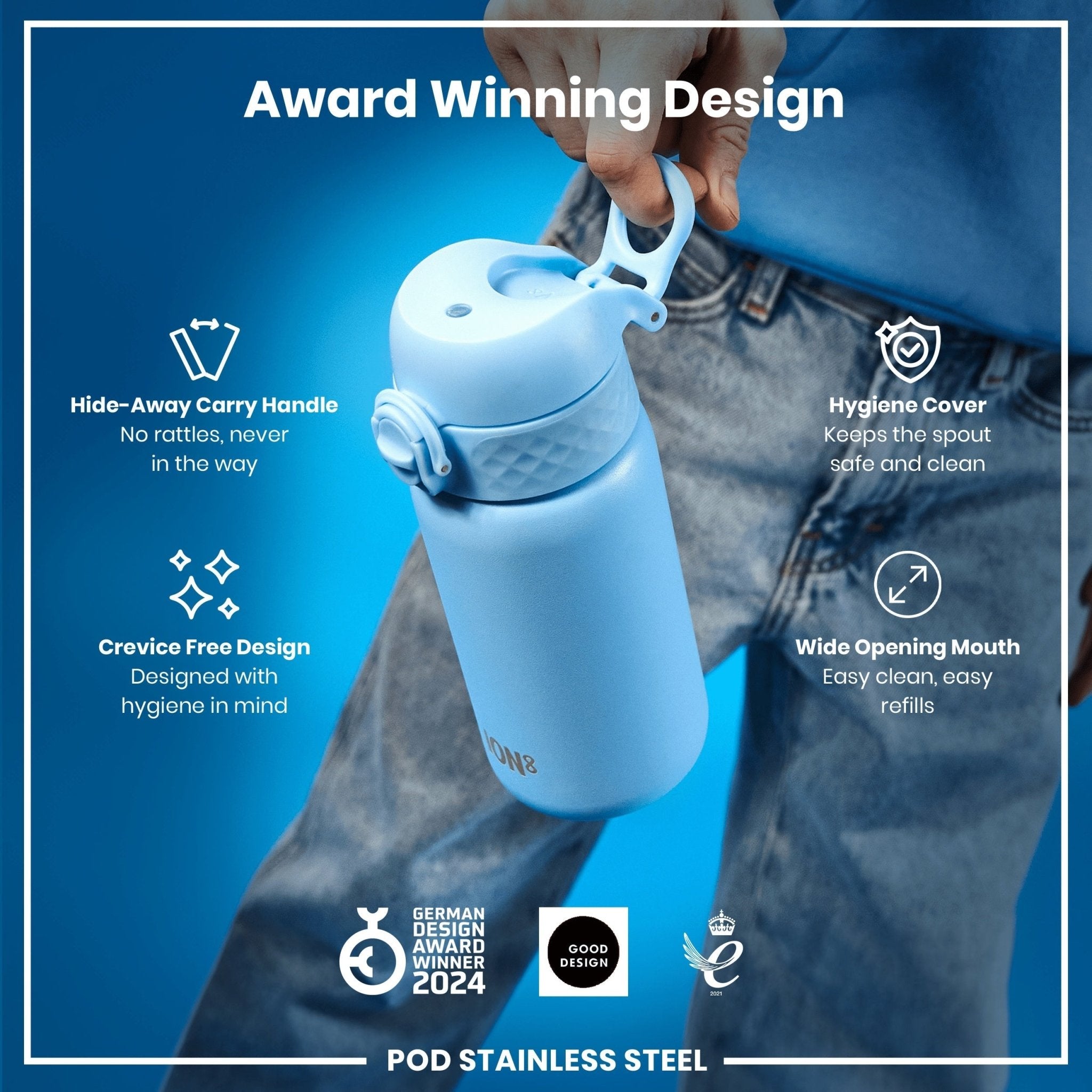 Ion8 leak-proof stainless steel kids water bottle in Alaskan Blue, 400ml, with a colorful lid and secure drinking spout.