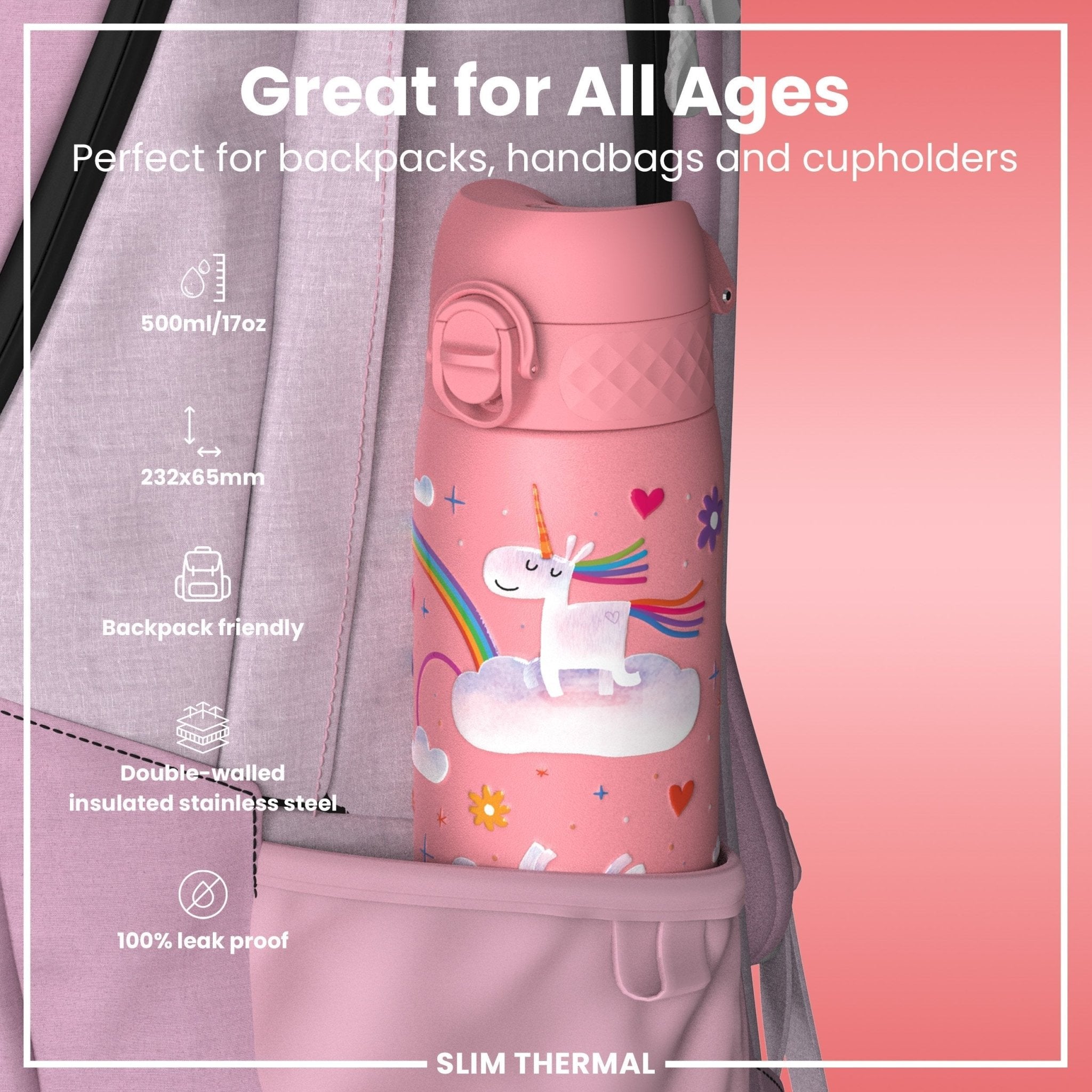 Ion8 leak-proof slim thermal steel water bottle with unicorn design, 500ml insulated water bottle for hot or cold drinks.