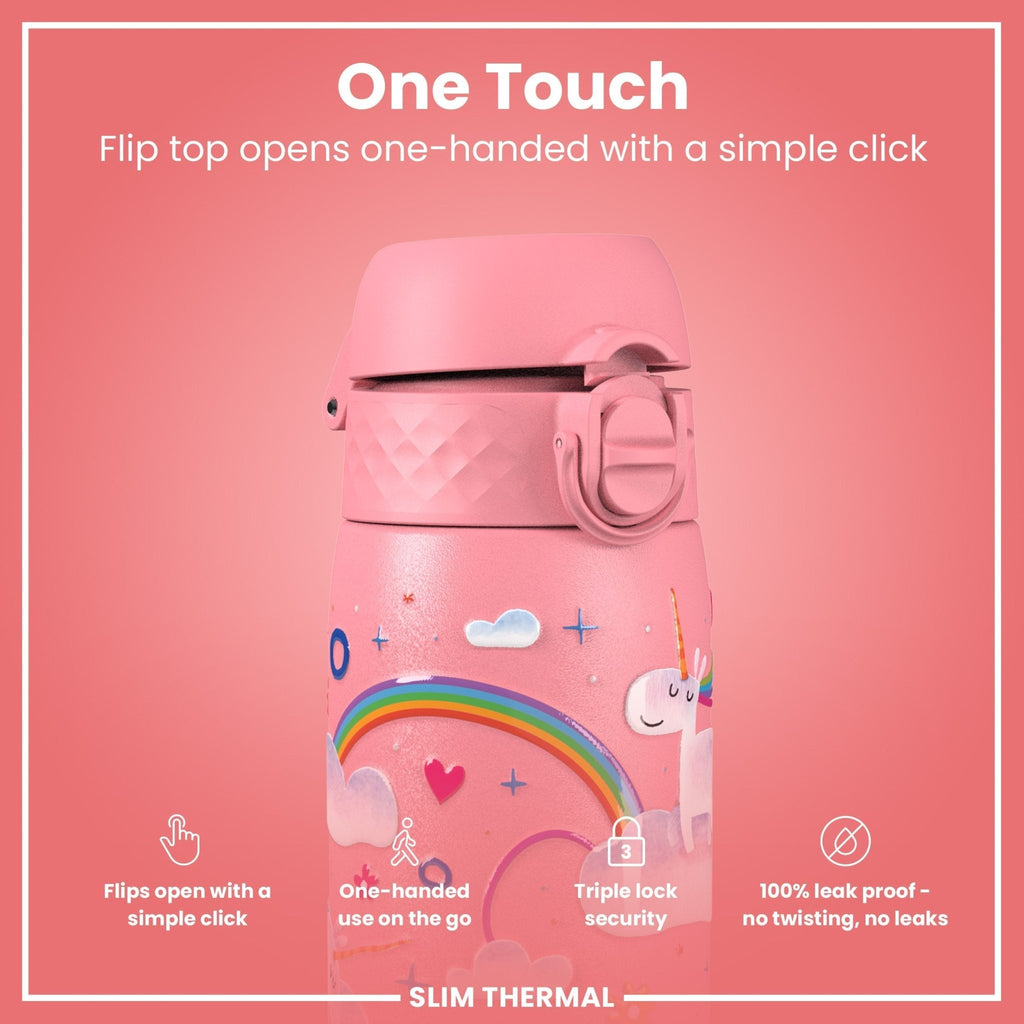 ION8 leak-proof slim thermal steel water bottle with unicorn design, insulated 500ml (17oz) for hot and cold beverages