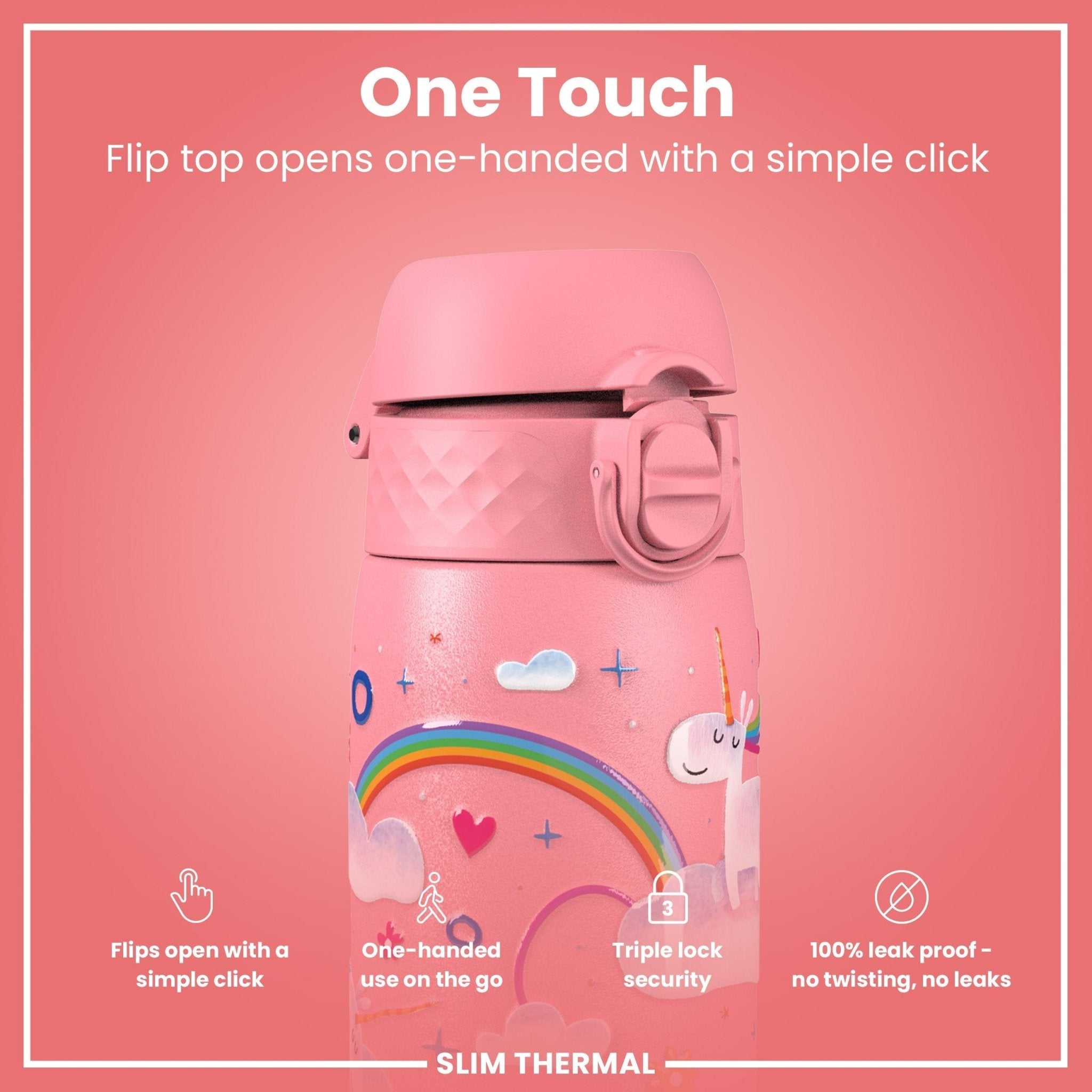 ION8 leak-proof slim thermal steel water bottle with unicorn design, insulated 500ml (17oz) for hot and cold beverages