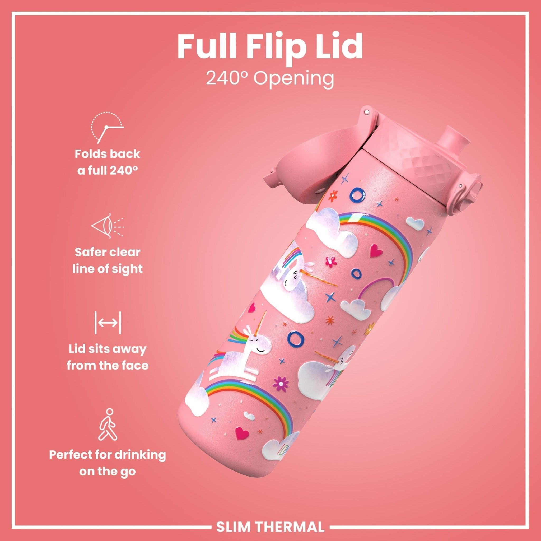 ION8 leak-proof slim thermal steel water bottle with unicorn design, 500ml insulated water bottle for hot and cold drinks