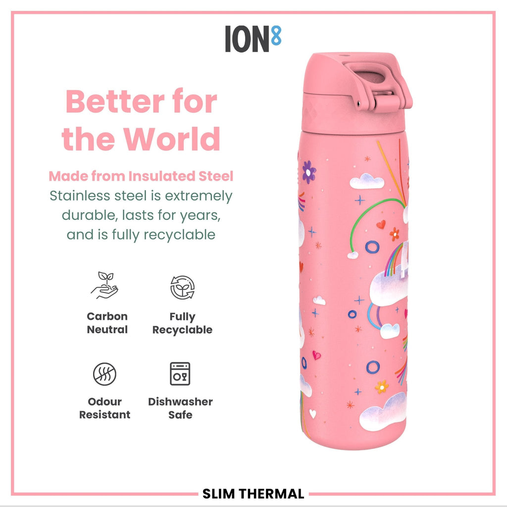 Ion8 leak-proof slim thermal steel water bottle with unicorn design, 500ml insulated water bottle for hot and cold drinks