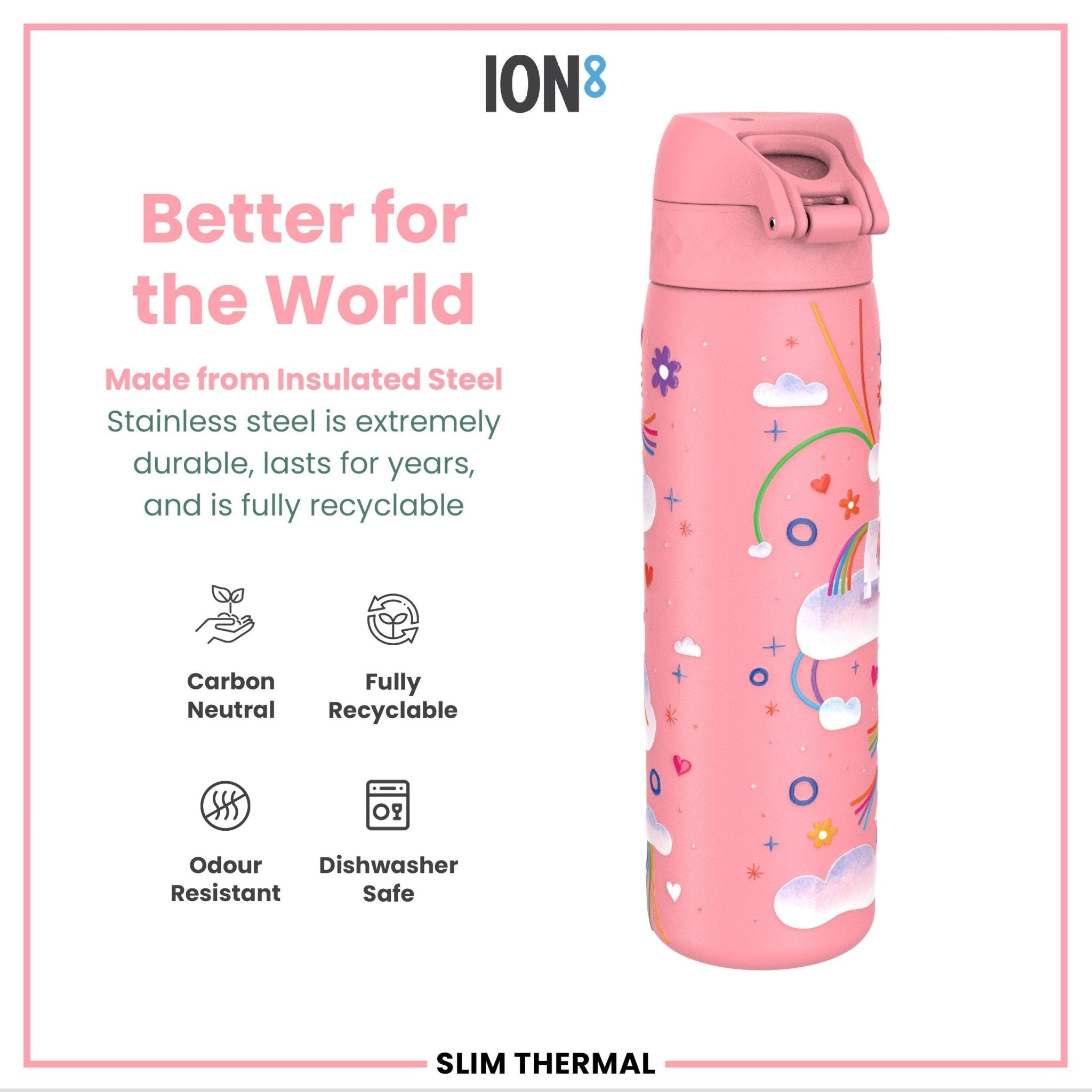 Ion8 leak-proof slim thermal steel water bottle with unicorn design, 500ml insulated water bottle for hot and cold drinks
