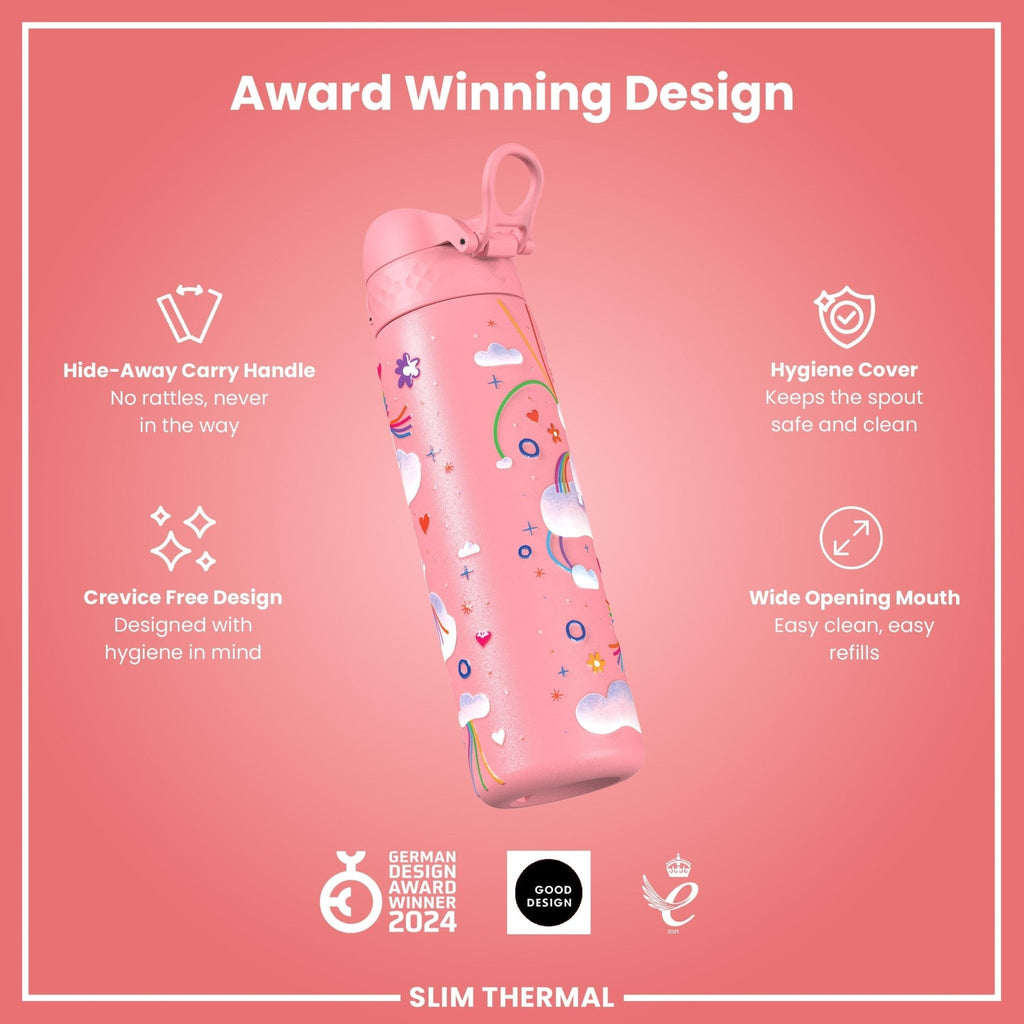 ION8 leak-proof slim thermal steel water bottle with unicorn design, 500ml insulated water bottle for hot and cold drinks