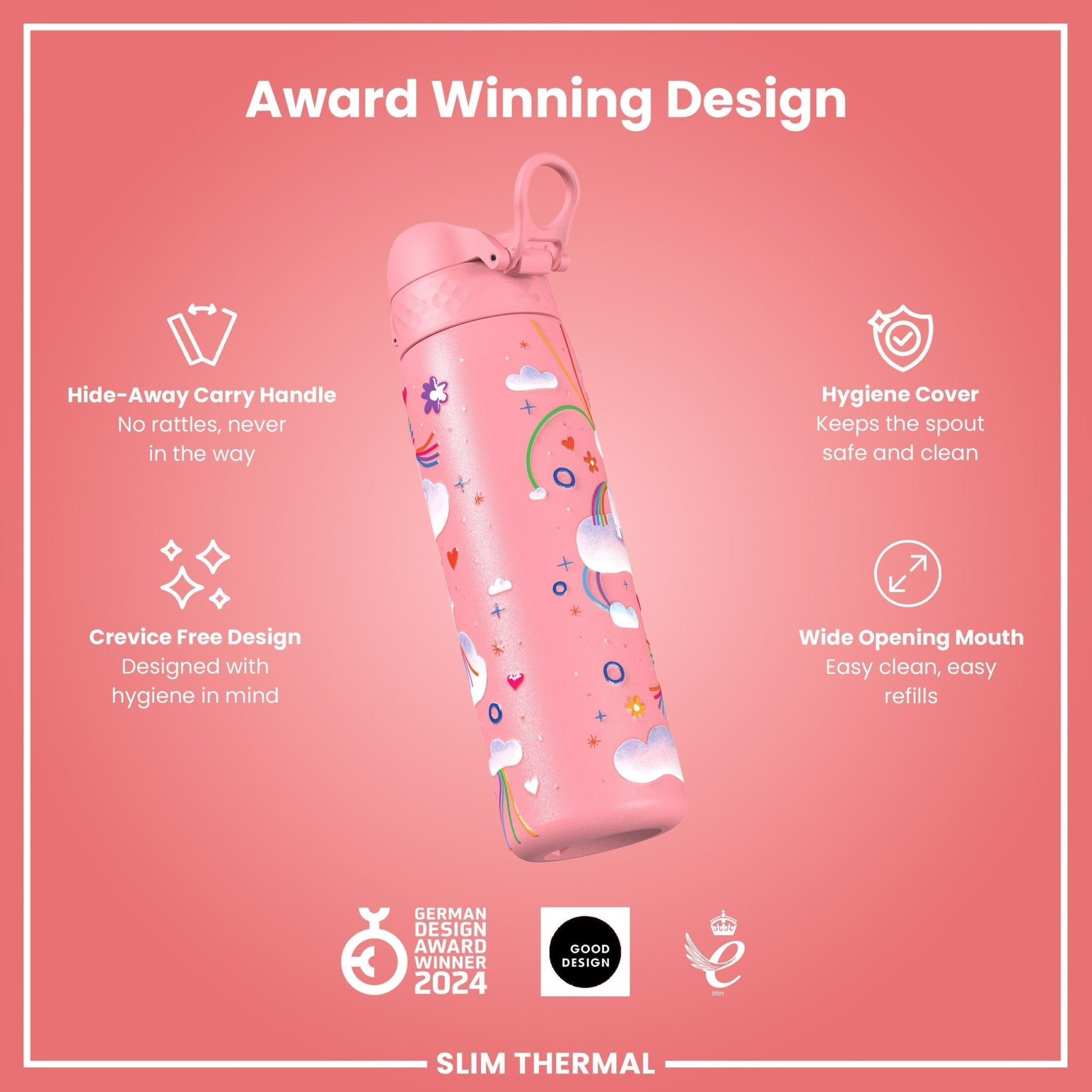 ION8 leak-proof slim thermal steel water bottle with unicorn design, 500ml insulated water bottle for hot and cold drinks