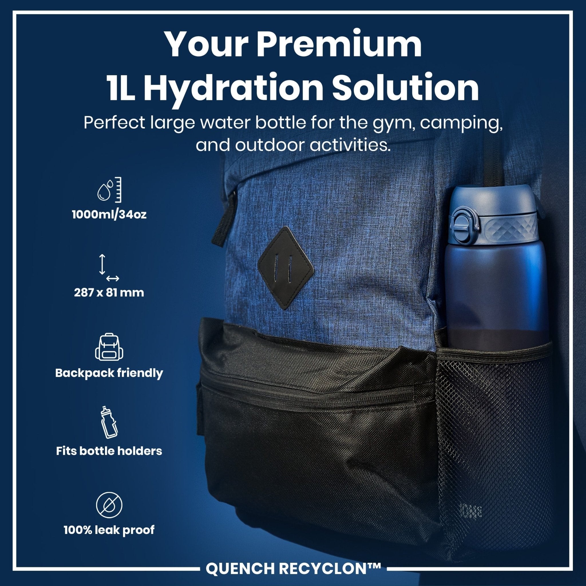 ION8 Recyclon 1L navy leak-proof water bottle, durable plastic with secure lid, ideal for hydration on the go.