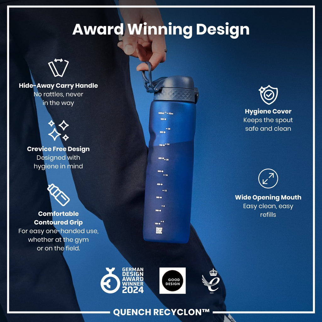 ION8 Recyclon 1L navy leak-proof water bottle with secure lid and sleek design, perfect for hydration on the go.