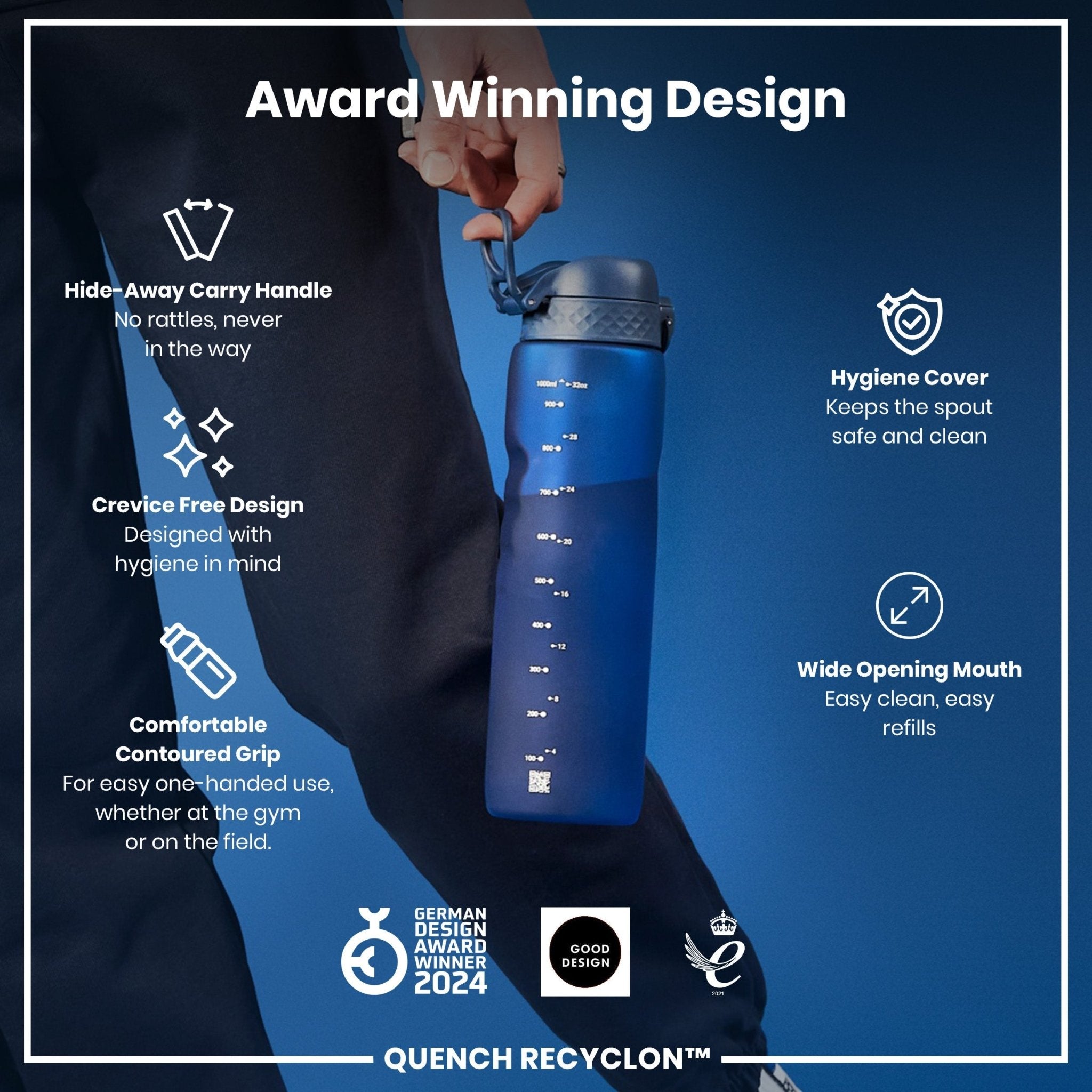 ION8 Recyclon 1L navy leak-proof water bottle with secure lid and sleek design, perfect for hydration on the go.