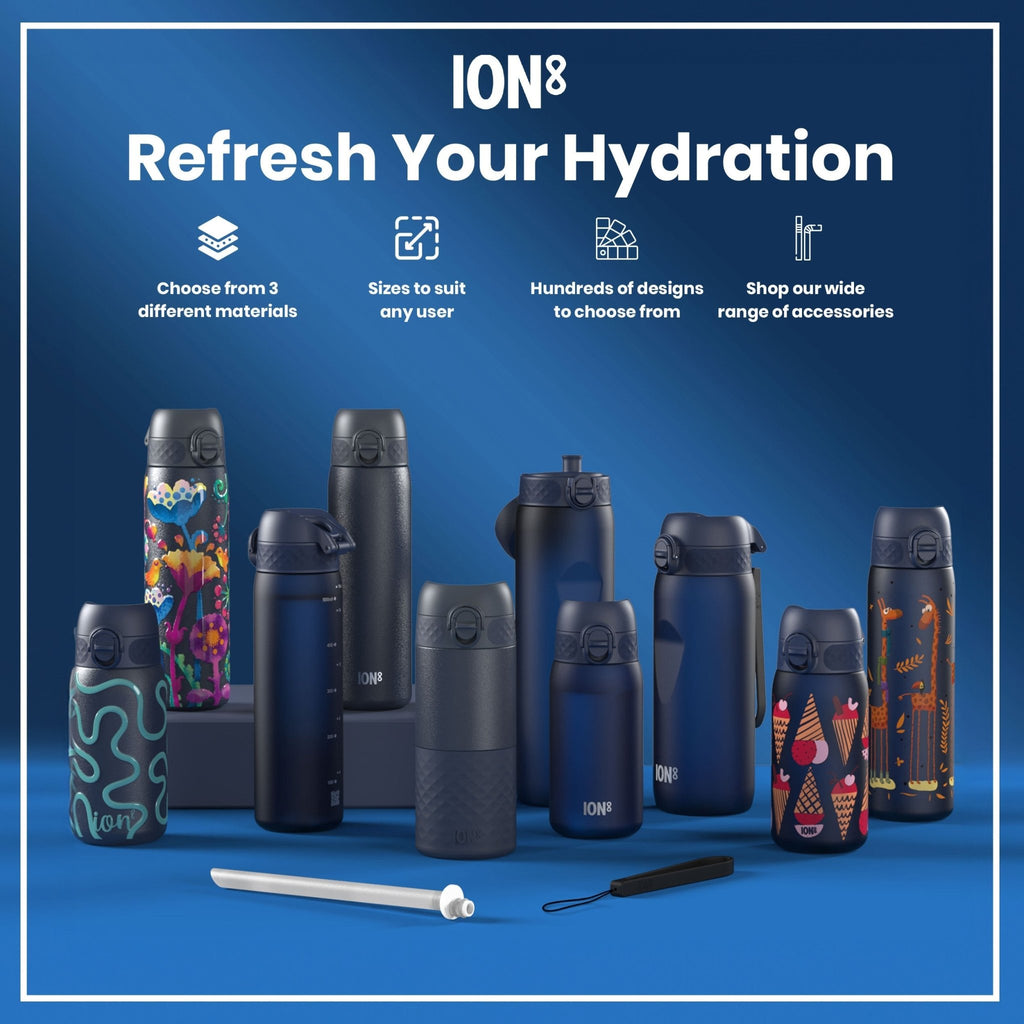 ION8 Recyclon leak-proof 1-liter navy water bottle with secure lid, designed for reusable hydration and eco-friendly use.