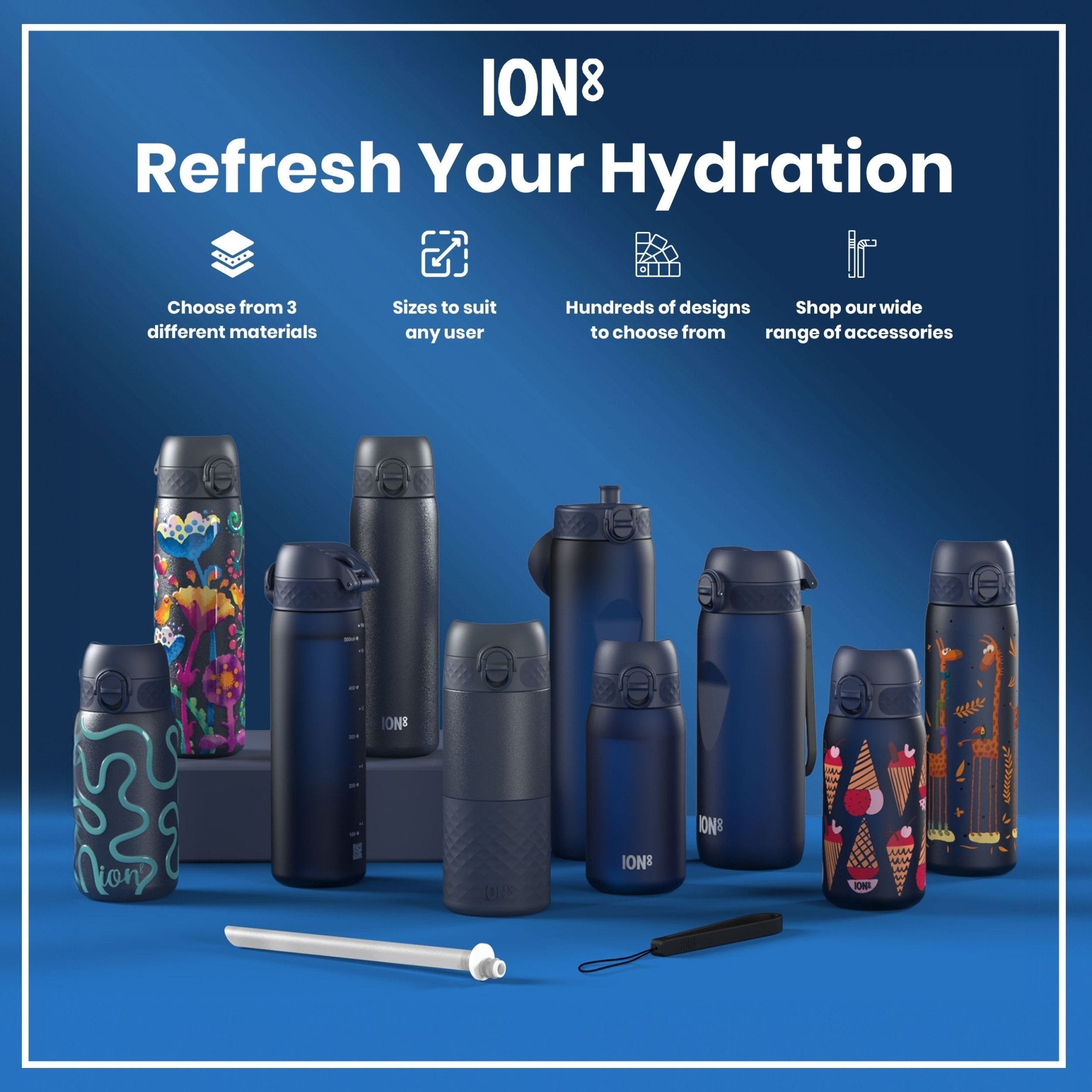 ION8 Recyclon leak-proof 1-liter navy water bottle with secure lid, designed for reusable hydration and eco-friendly use.
