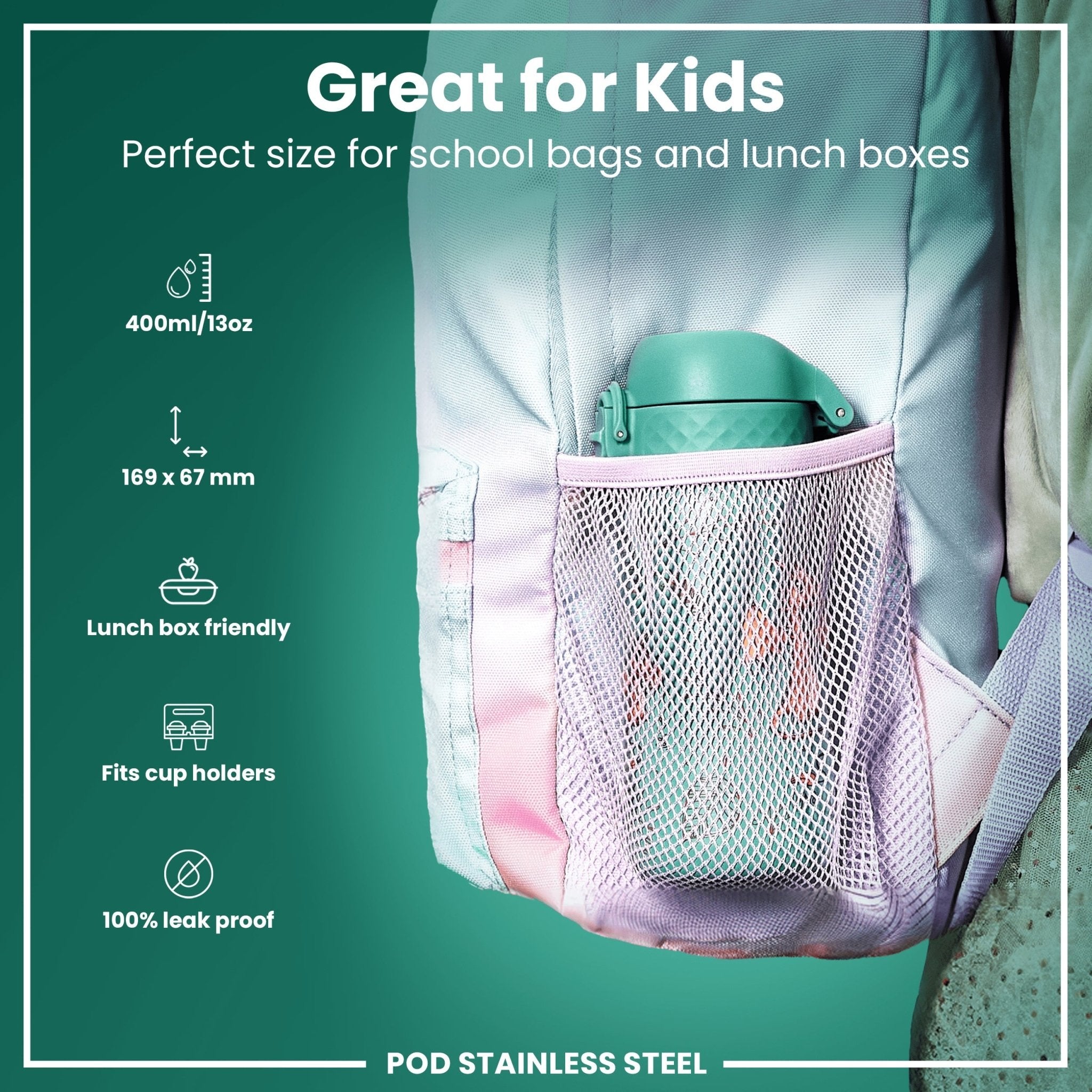 Ion8 stainless steel leak-proof kids water bottle with colorful egg to dragon design, 400ml capacity.