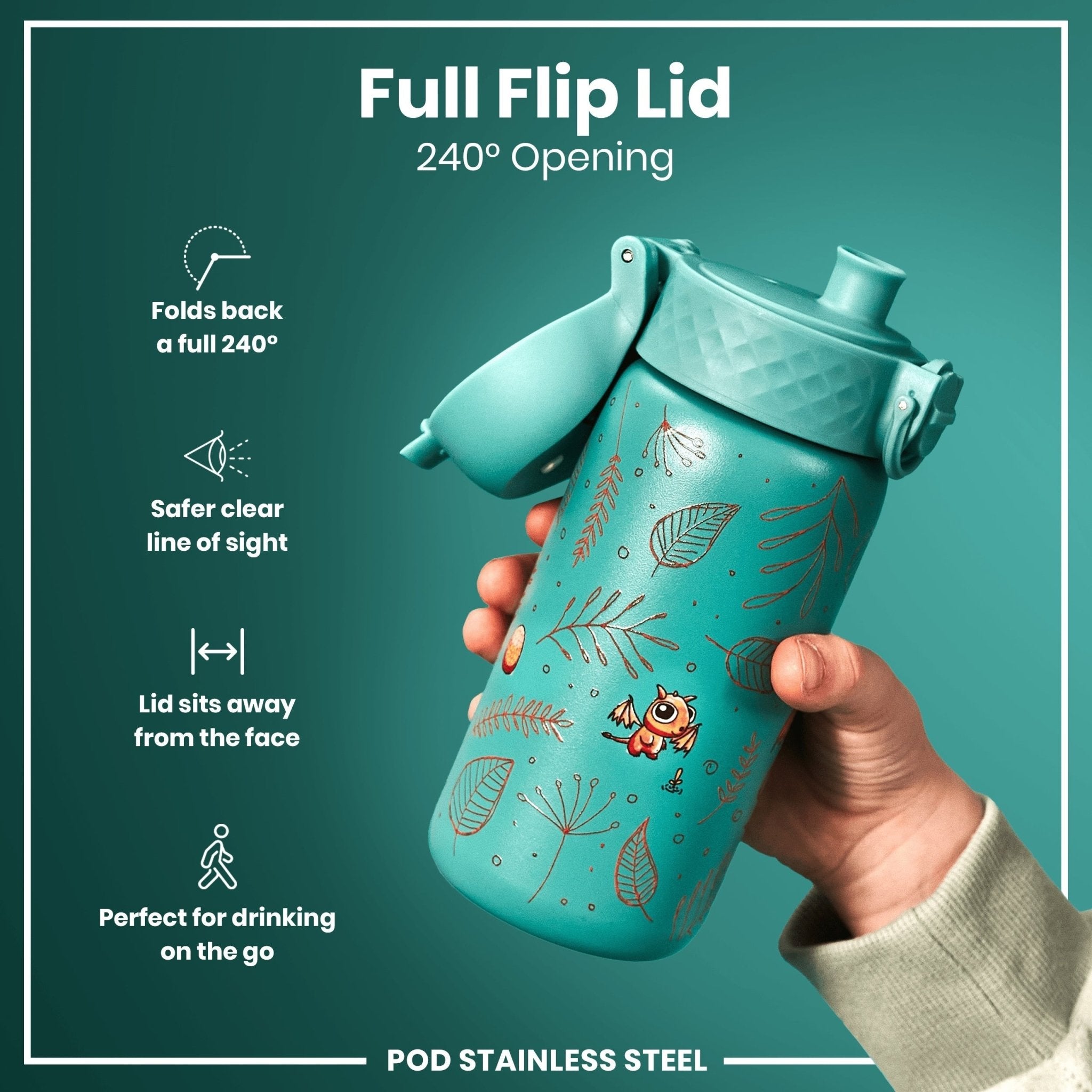 Ion8 leak-proof kids water bottle made of stainless steel with colorful dragon design, 400ml capacity for children.