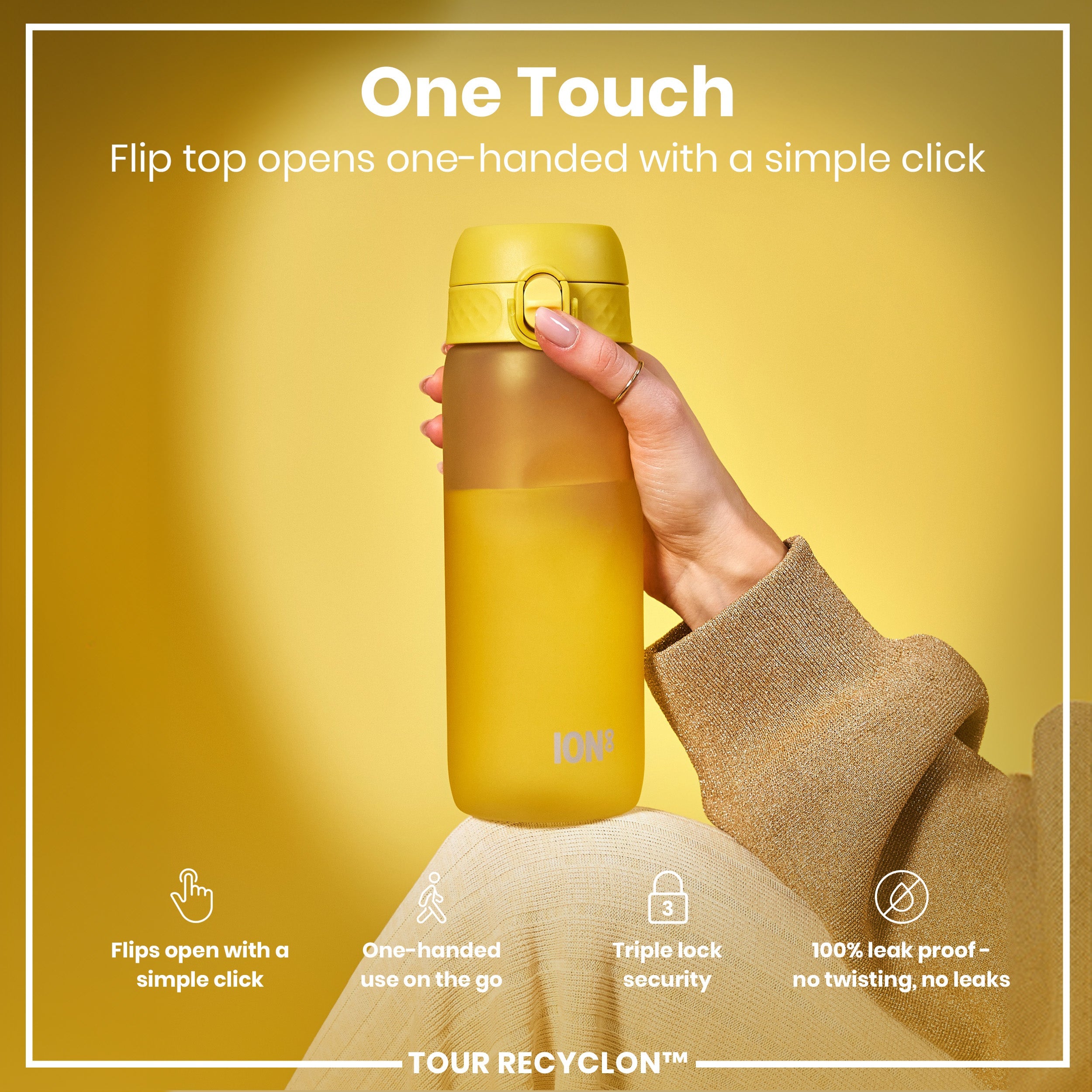 Yellow 750ml Recyclon water bottle by ION8, made of recyclable material, shown with a sleek, cylindrical design.