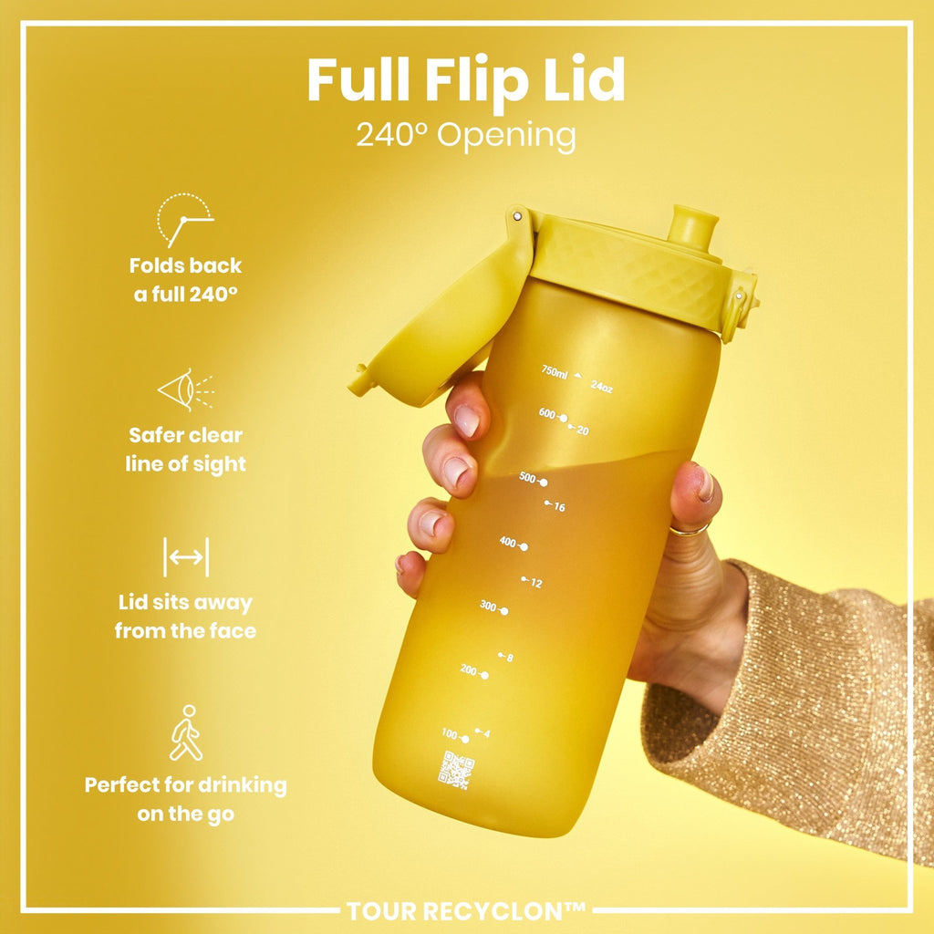 Yellow ION8 Recyclon water bottle, 750ml capacity, made from recyclable materials, with a sleek design and secure screw-top lid.