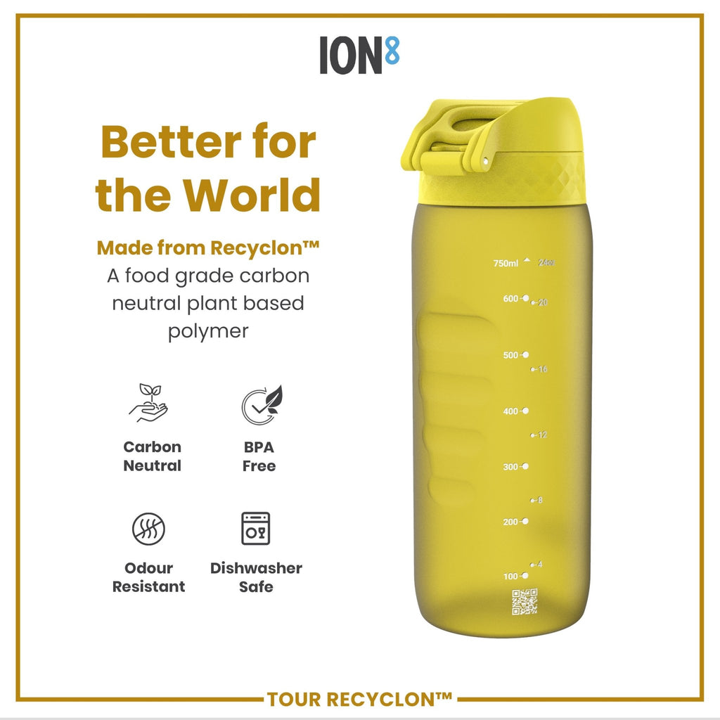 Yellow 750ml Recyclon water bottle by ION8, made from recyclable materials, with a sleek design and secure lid.
