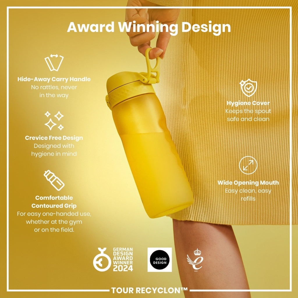 Yellow 750ml Recyclon water bottle by ION8 with a sleek design and secure cap, ideal for hydration on the go.