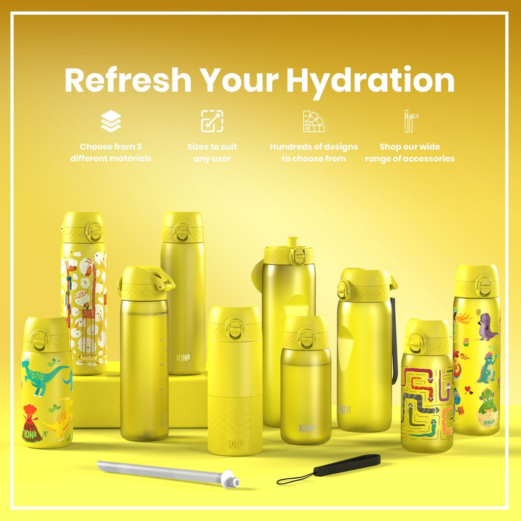 Yellow Recyclon water bottle by ION8, 750ml capacity, with a sleek design and secure lid for reusable hydration.