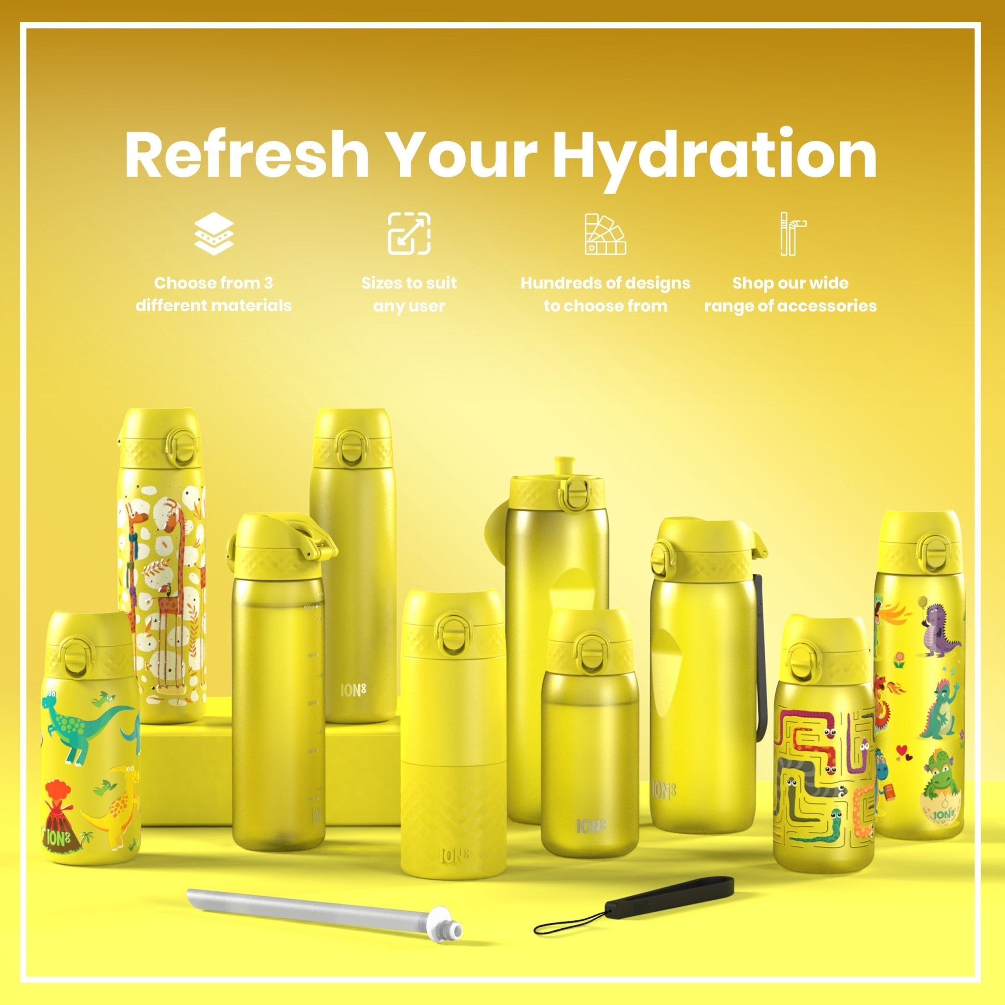 Yellow Recyclon water bottle by ION8, 750ml capacity, with a sleek design and secure lid for reusable hydration.