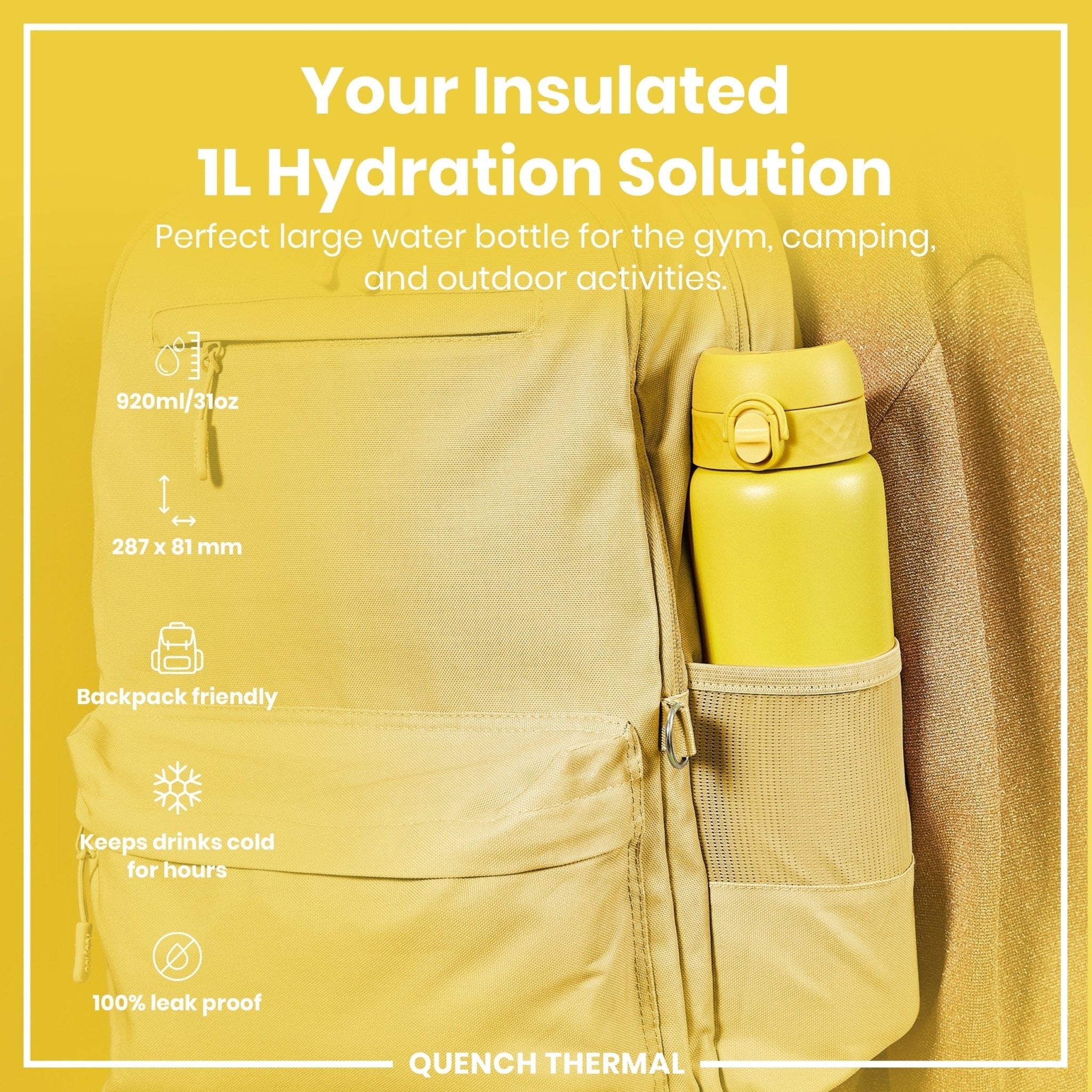 ION8 1L yellow insulated steel water bottle with leak-proof design and thermal insulation, perfect for keeping drinks hot or cold.
