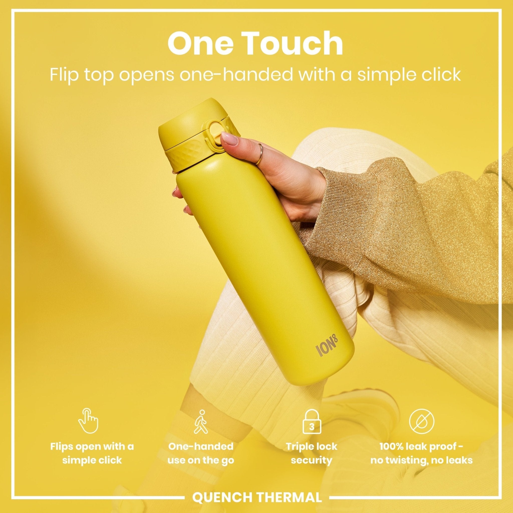 Yellow ION8 1L insulated steel water bottle with leak-proof design and thermal insulation for hot or cold drinks.
