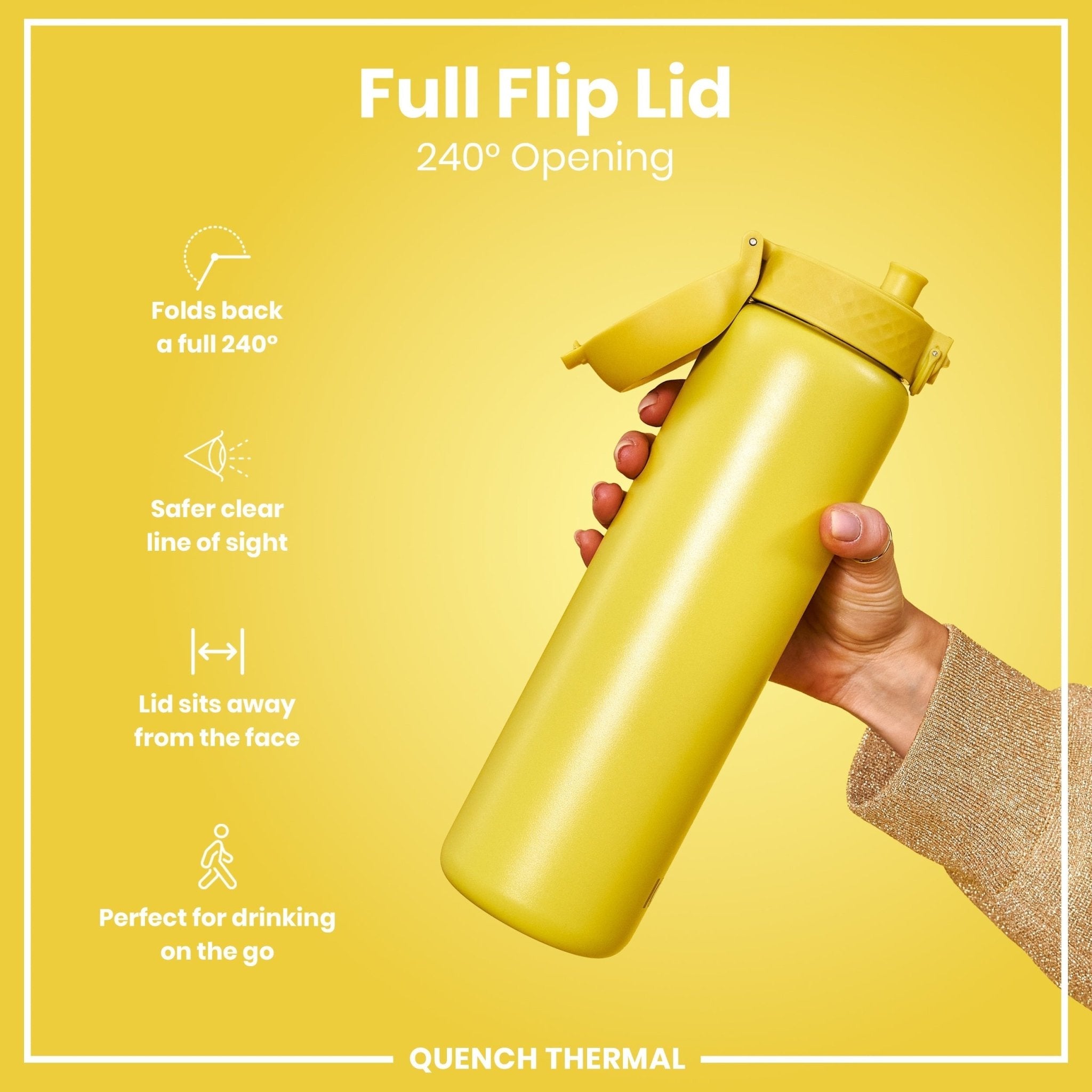 Yellow 1L ION8 insulated steel water bottle with leak-proof design and thermal insulation, perfect for keeping drinks hot or cold.