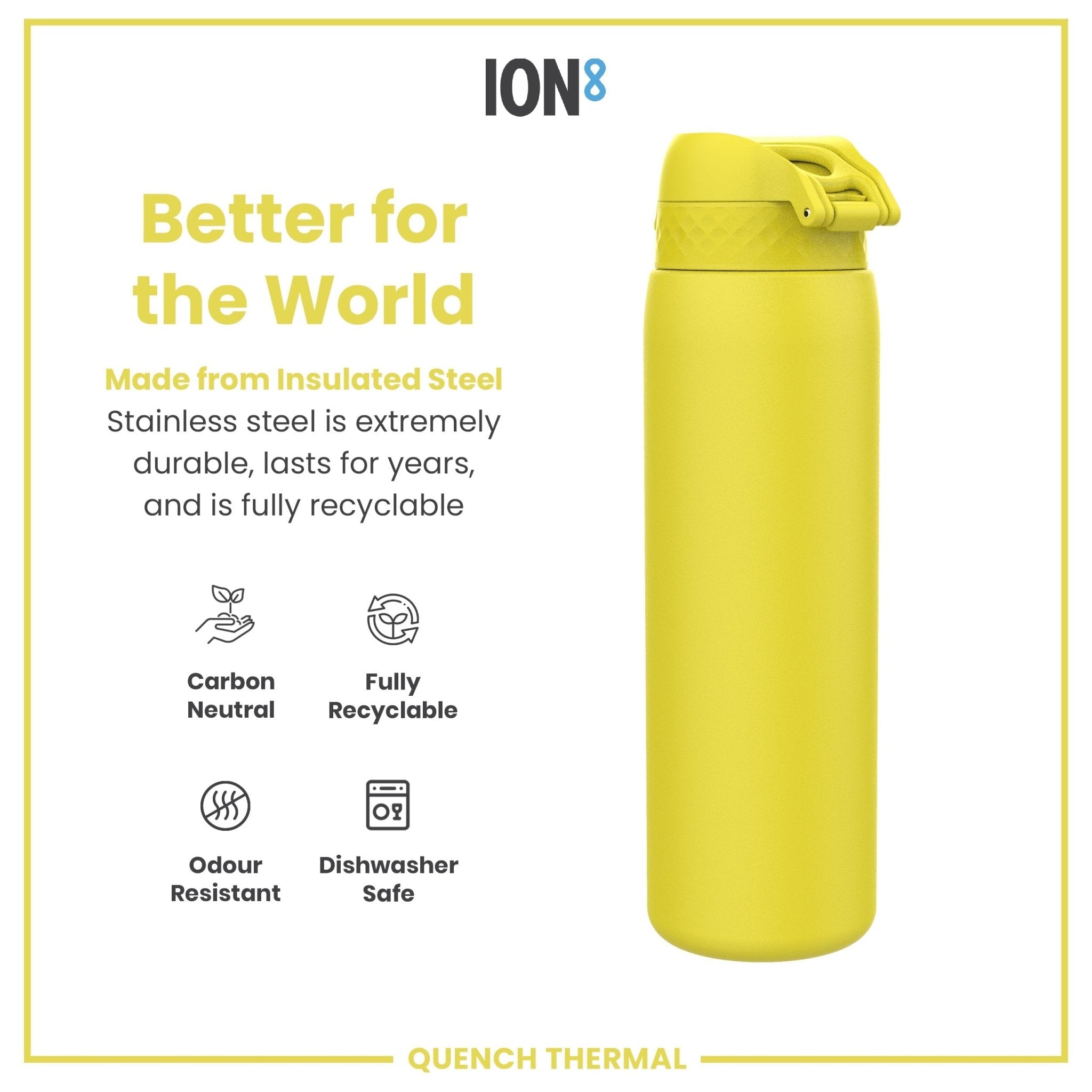 Yellow 1L ION8 insulated steel water bottle with leak-proof design and thermal insulation for hot and cold drinks.