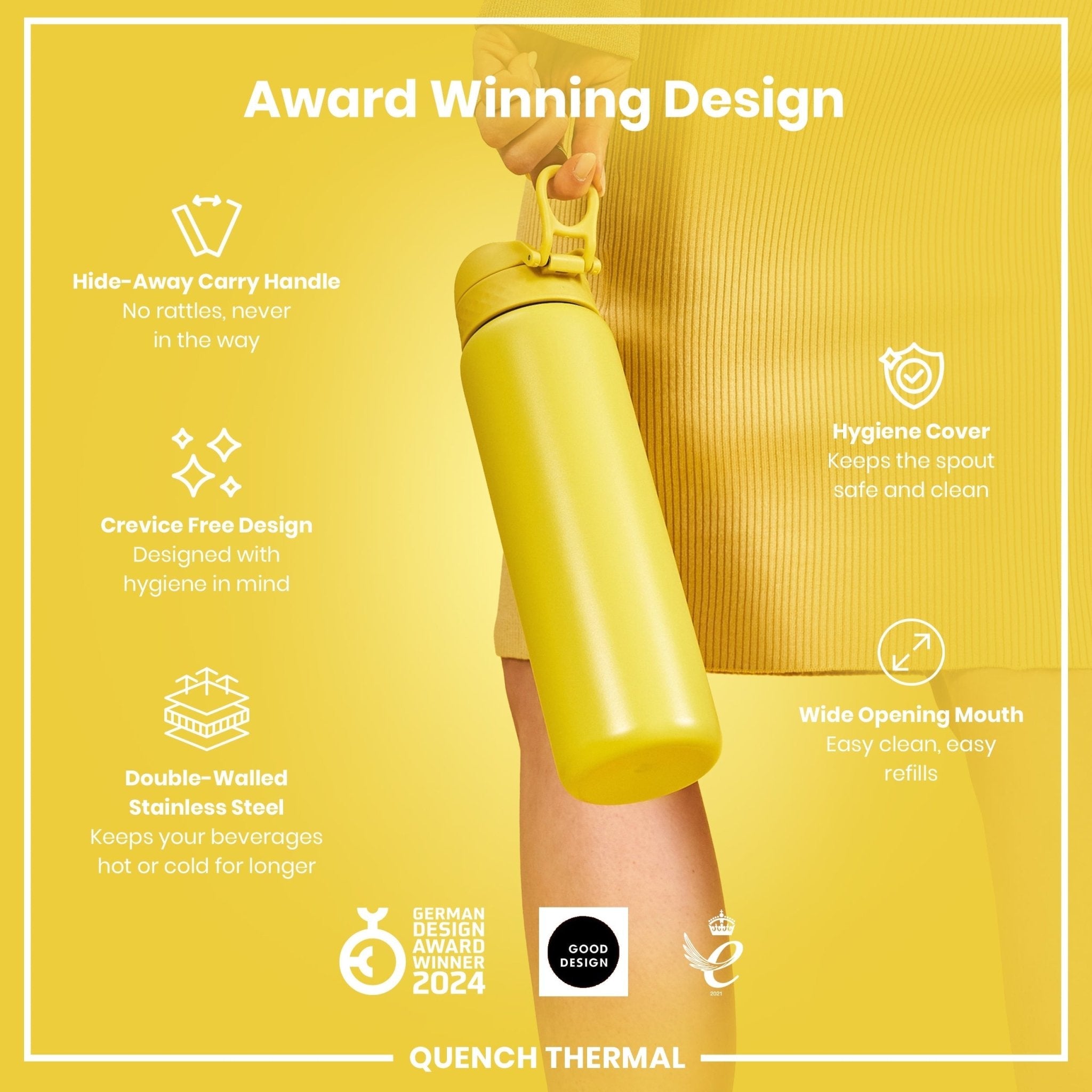 Yellow ION8 1L insulated steel water bottle with leak-proof design and thermal insulation for hot and cold beverages.