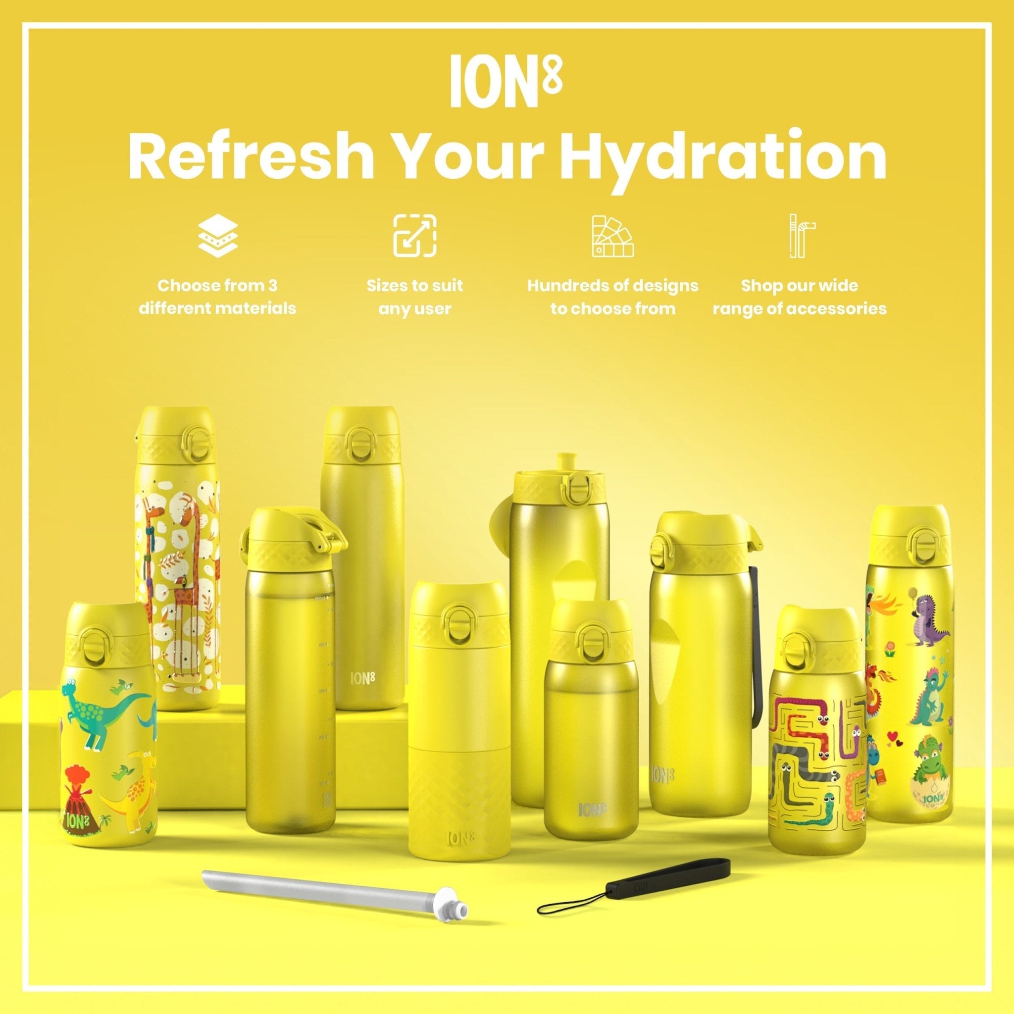 Yellow ION8 insulated 1L thermal water bottle with leak-proof design and stainless steel construction, perfect for hot or cold drinks.