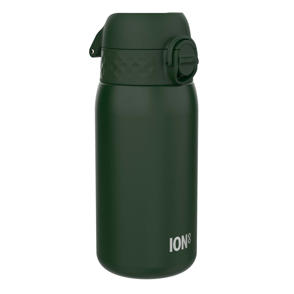 Dark green stainless steel leak-proof kids water bottle from ION8, 400ml capacity with a secure lid and durable design.