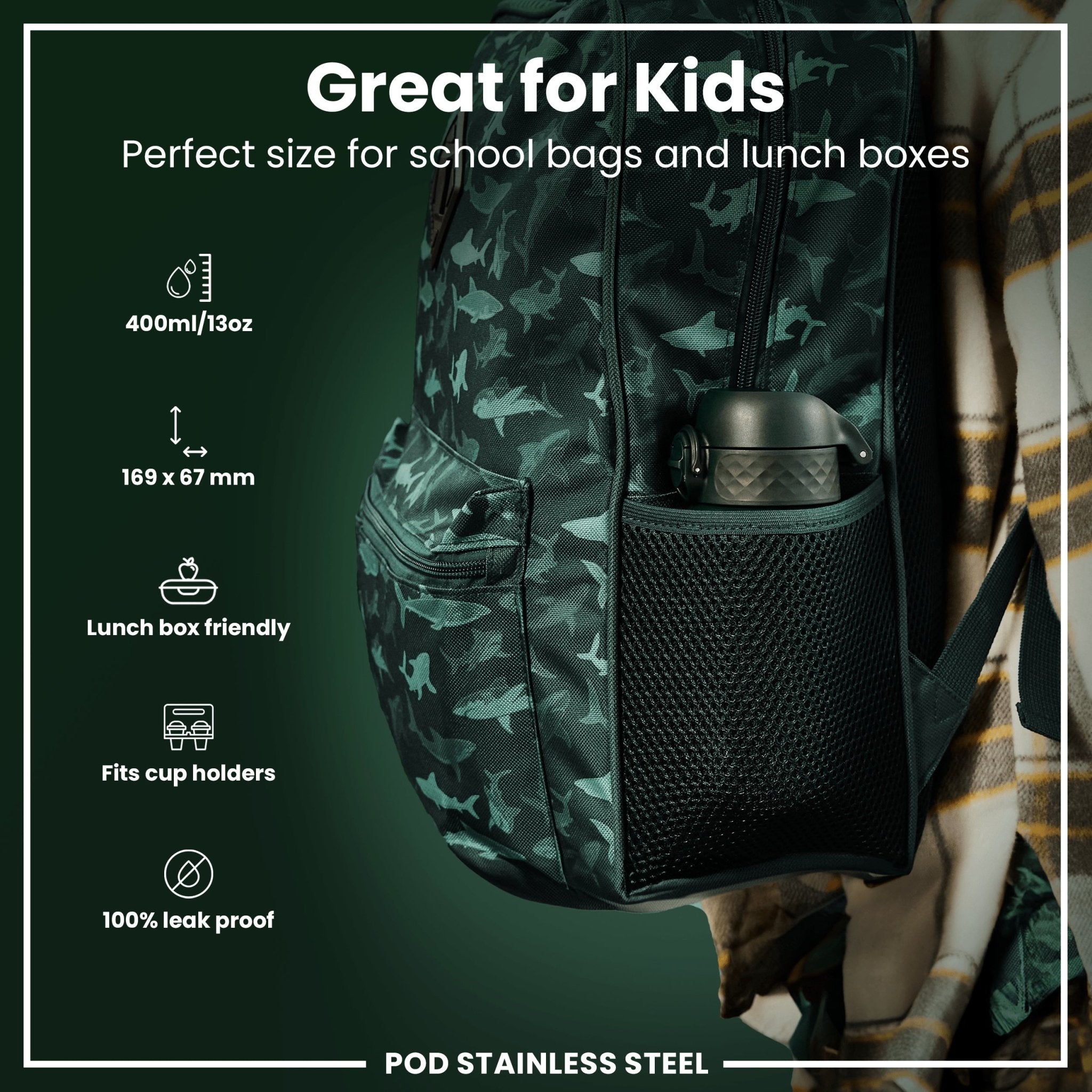 Dark green ION8 stainless steel kids water bottle with leak-proof lid, 400ml capacity, suitable for children.