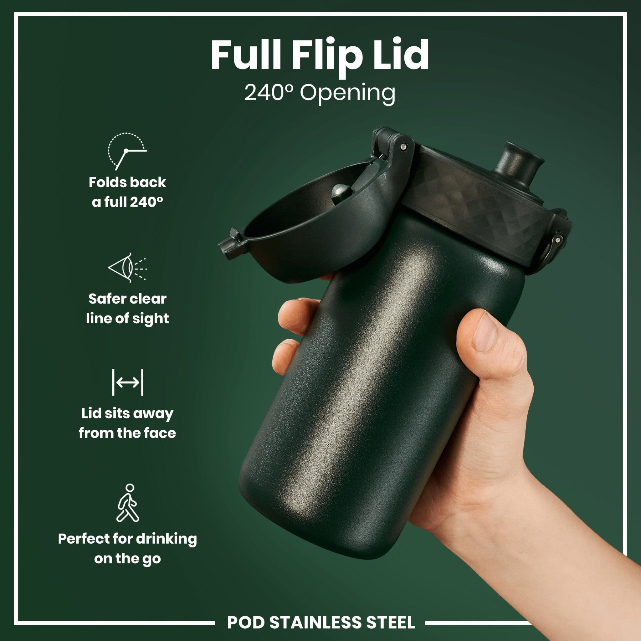 Dark green ION8 stainless steel leak-proof kids water bottle with 400ml capacity, designed for durability and easy drinking.