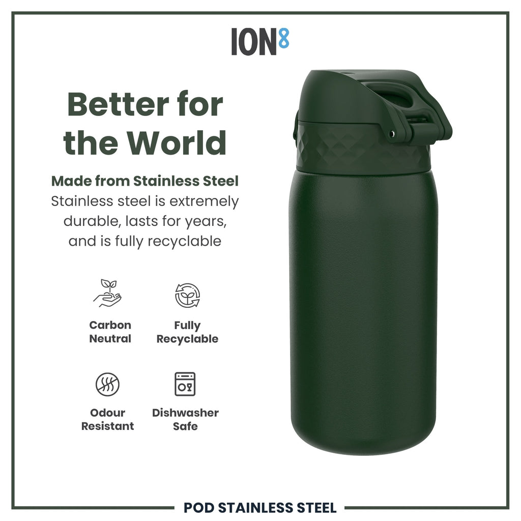 Dark green ION8 stainless steel leak-proof kids water bottle with 400ml capacity, durable and designed for children.