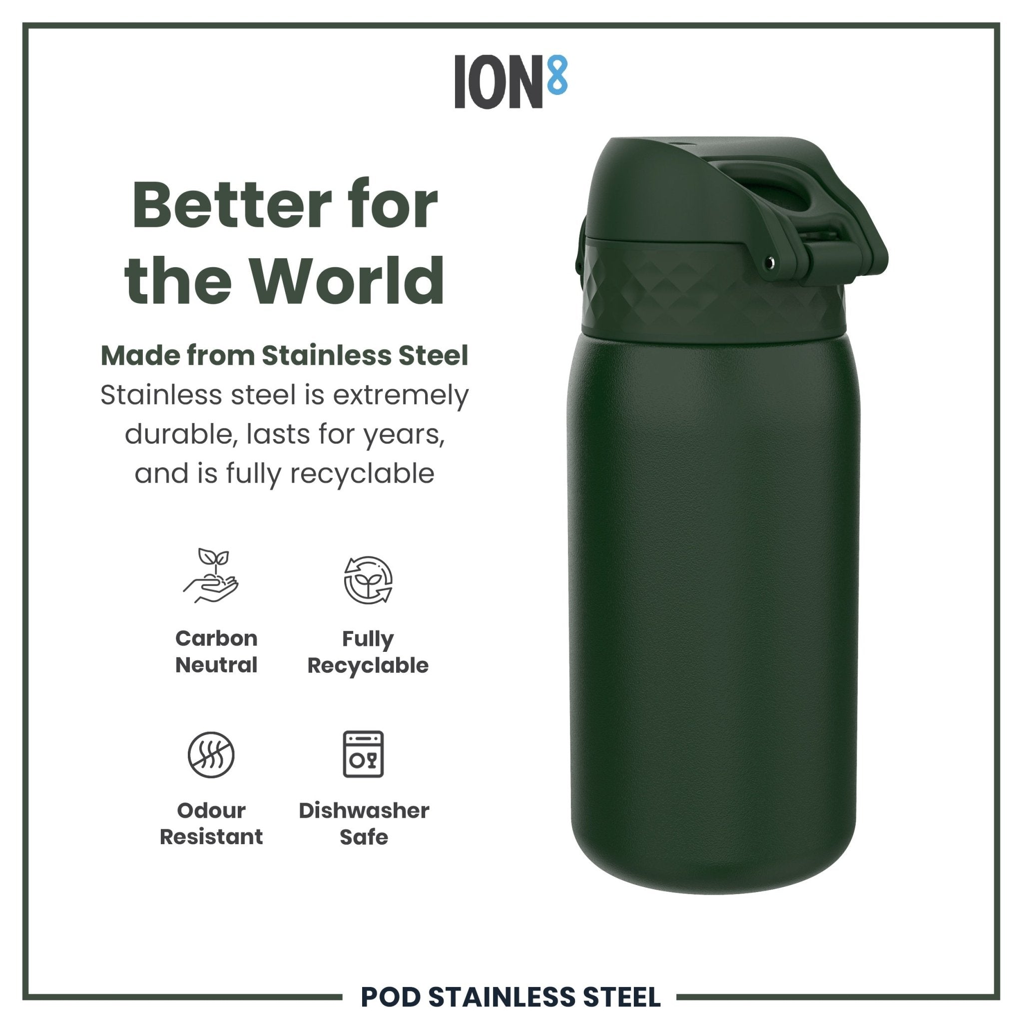Dark green ION8 stainless steel leak-proof kids water bottle with 400ml capacity, durable and designed for children.