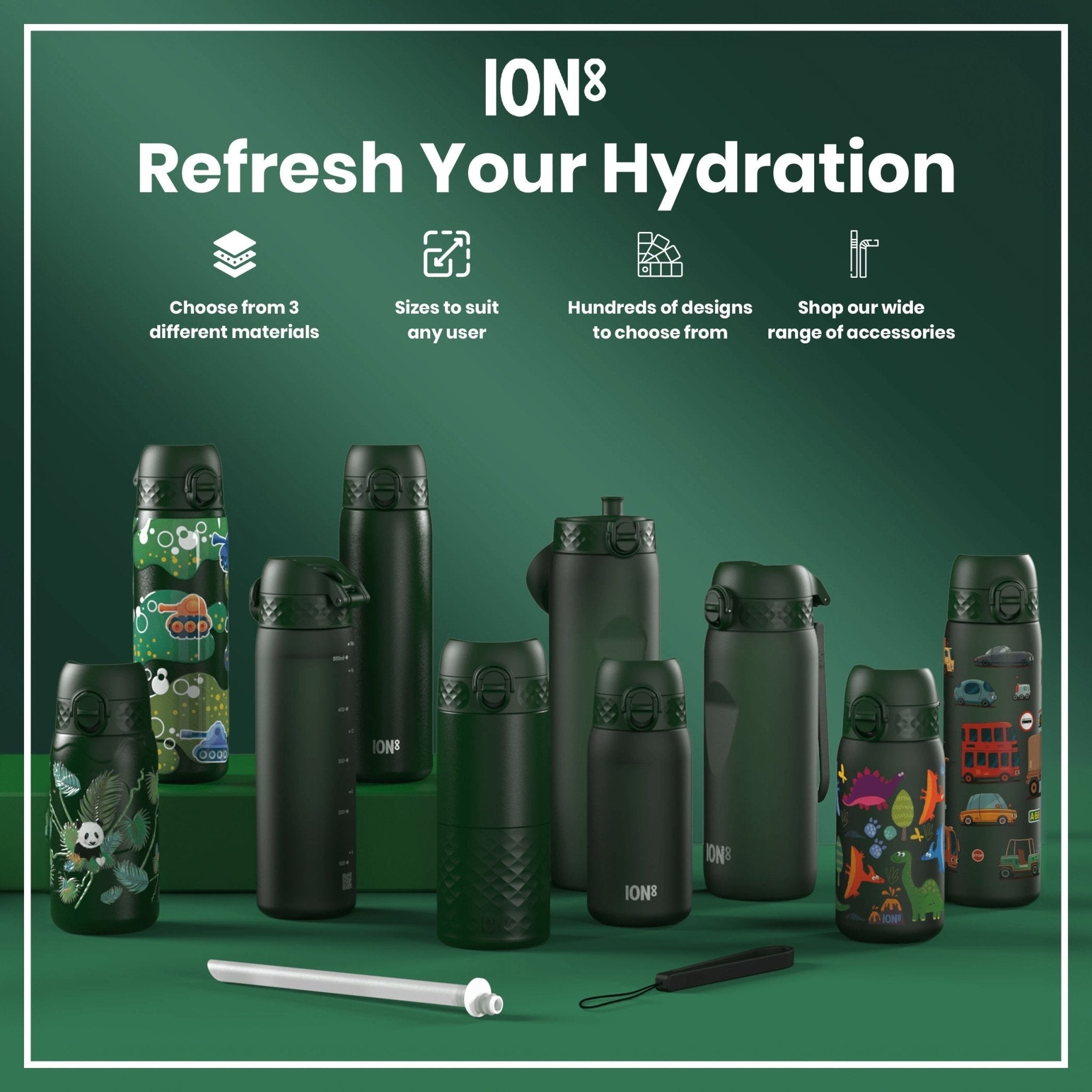 Dark green ION8 stainless steel leak-proof kids water bottle, 400ml capacity, durable and portable for children.